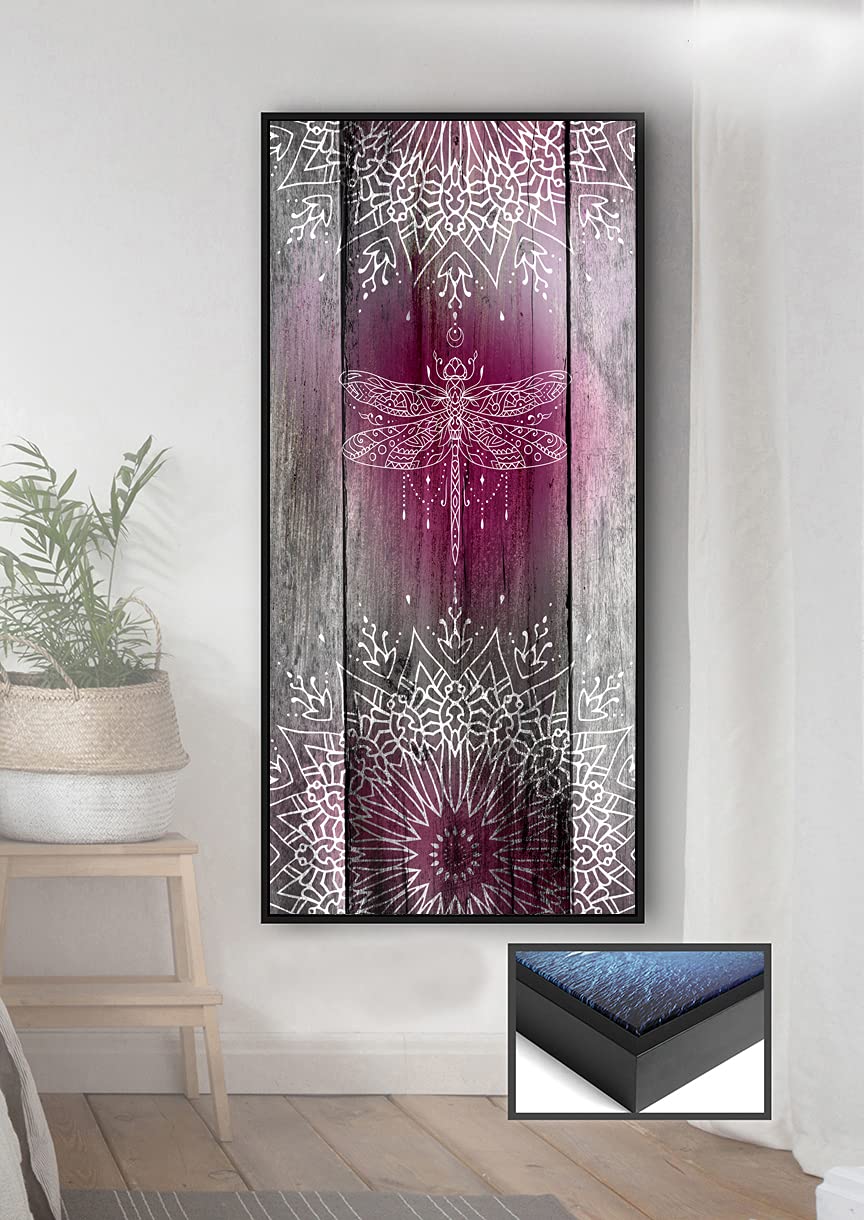 Boho Dragonfly Wall Art - Large Canvas Bohemian Floral Poster with Black Floating Frame (42x19 Inches, Purple Pink) - Modern Rustic Home Decor for Living Room, Bedroom & Office