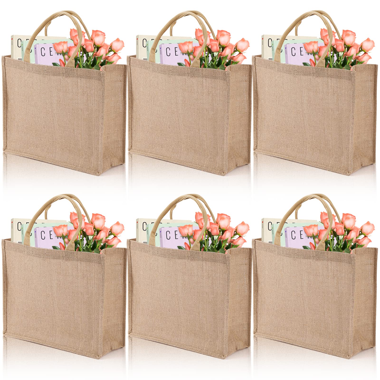 DEAYOU 6 Pack Eco-Friendly Jute Tote Bags - 15.4''x12.2''x5.9'' Natural Burlap Shopping Bags with Sturdy Handles for Groceries, DIY Crafts, Weddings & Beach Outings | Reusable Gift Bags for Sustainable Lifestyle