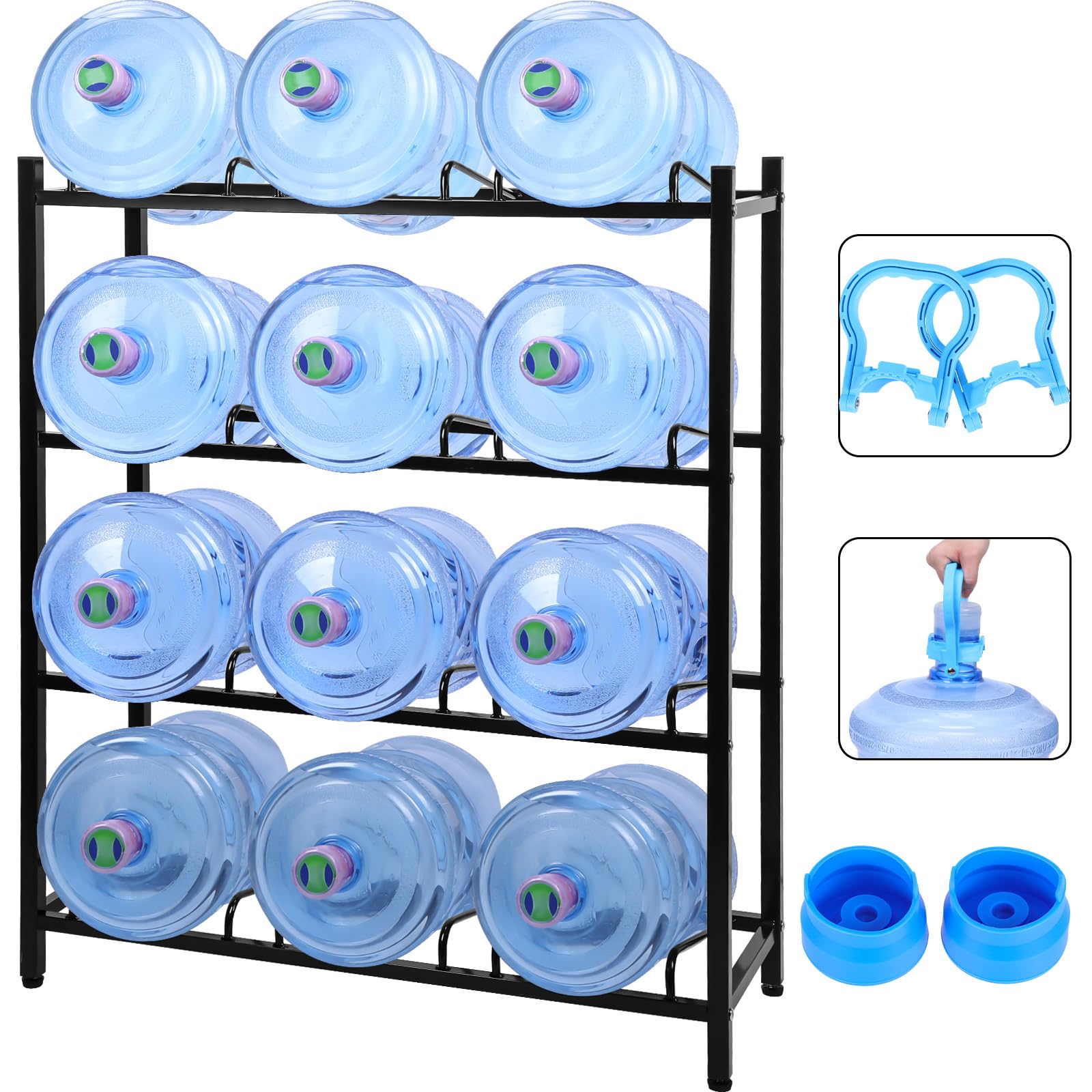 Nuogo 5 Gallon Water Jug Rack - Heavy Duty 4-Tier Water Bottle Holder Stand for Home, Kitchen & Office Storage - Space Saving Organizer for Large Water Containers & Accessories