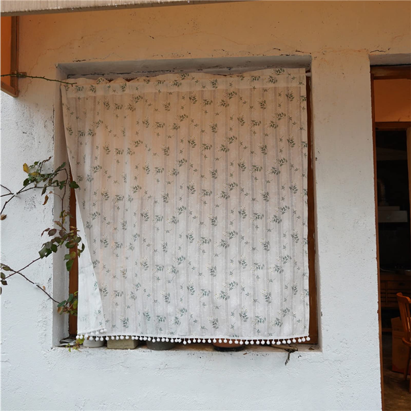 Country Style Lilac Cotton Cafe Curtains - Small Pompom Drapes for Kitchen, Bistro & Restaurant Windows (140x40cm) | Rustic Farmhouse Decor, Perfect for Coffee Shops & Cozy Home Kitchens