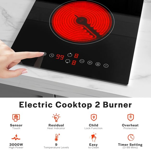 Empava 2 Burners Electric Cooktop 12 Inch - 3000W Radiant Stove with Child Safety Lock, Timer & Overheat Protection - Compatible with All Cookware - 220-240V Hardwired (No Plug) - ETL Certified Black - Perfect for Home Kitchen, RV, Apartment & Small Spaces