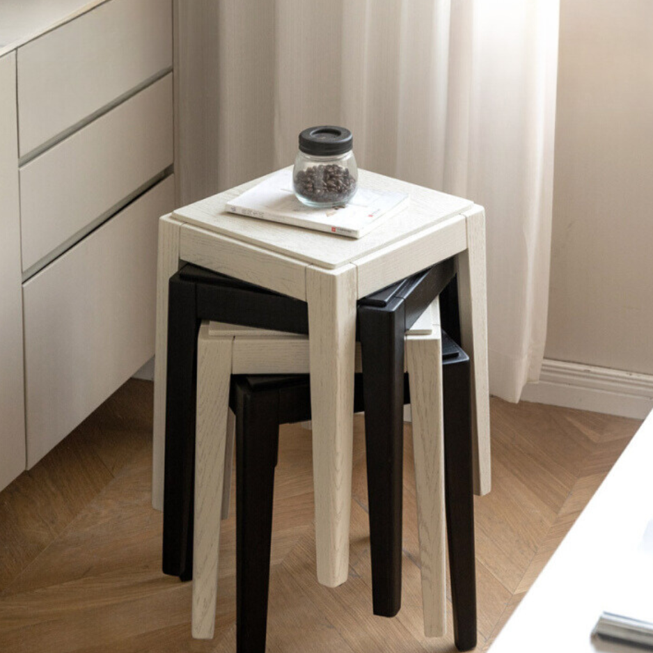 Solid Oak Wood Square Stackable Dining Stool - Sturdy & Space-Saving for Kitchen, Bar, or Dining Room