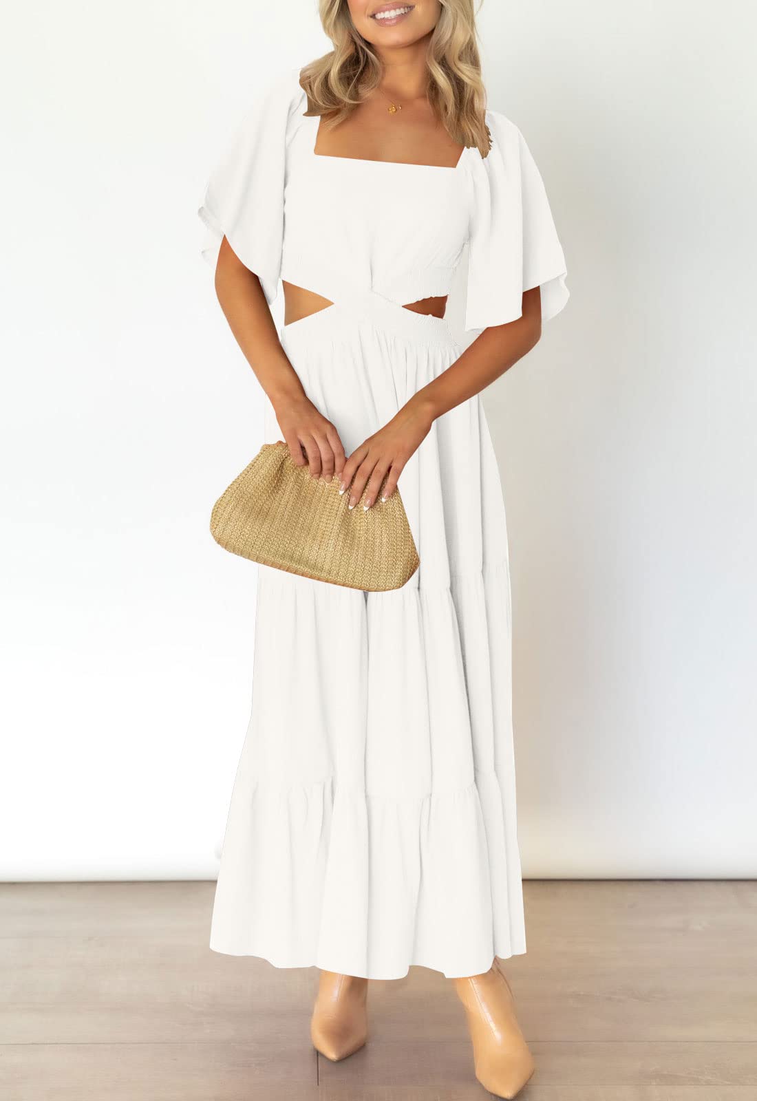 LEANI Women's 2025 Summer Cutout Maxi Dress - Square Neck Short Sleeve Crossover Waist Casual Party Dress for Beach Vacation, Wedding Guest & Evening Out