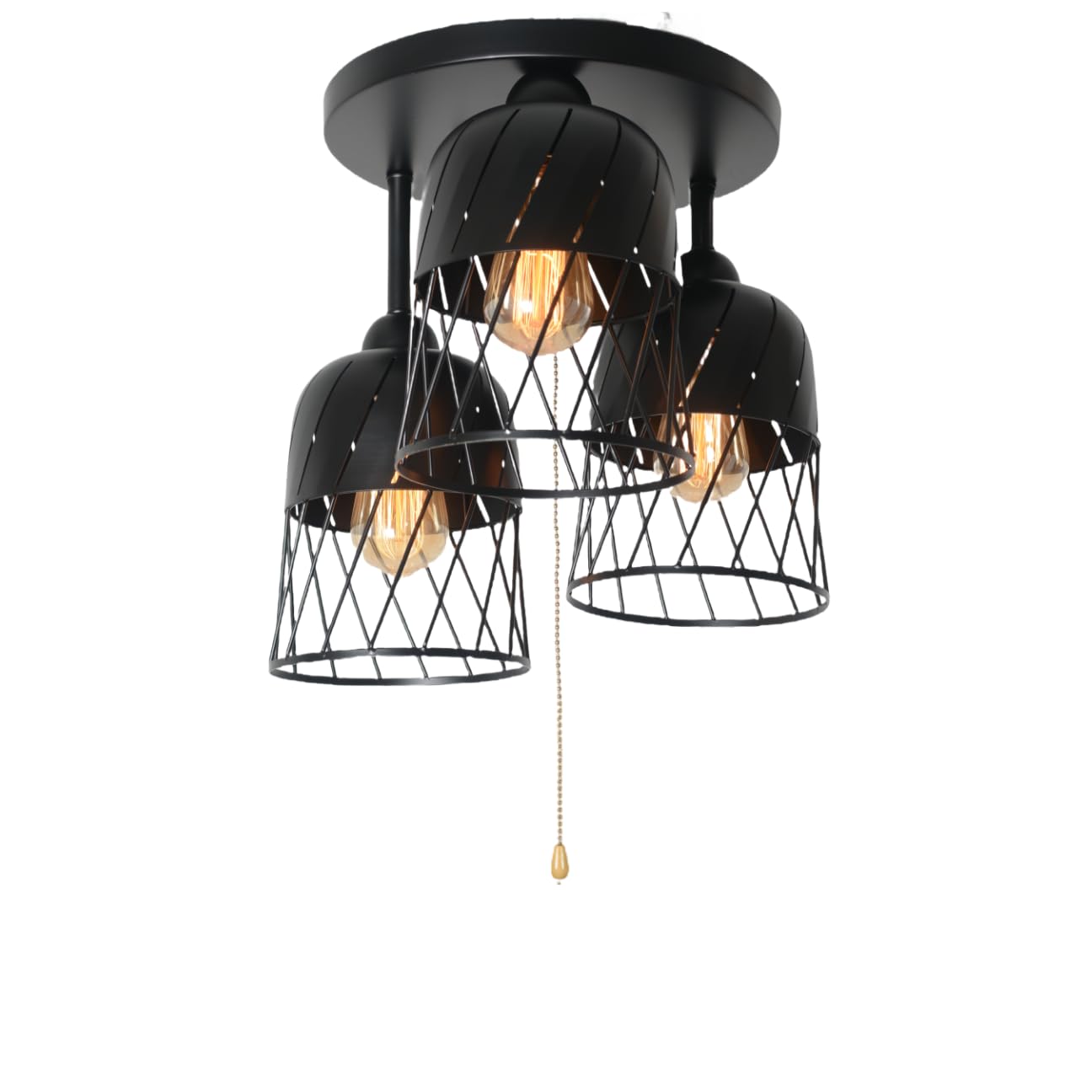 Vintage Industrial Black Ceiling Light Fixture with Pull Chain Switch - Semi Flush Mount Metal Cage Lighting for Living Room, Bedroom, or Kitchen - 3 Light Edison E26 Base - Beuhouz 8086