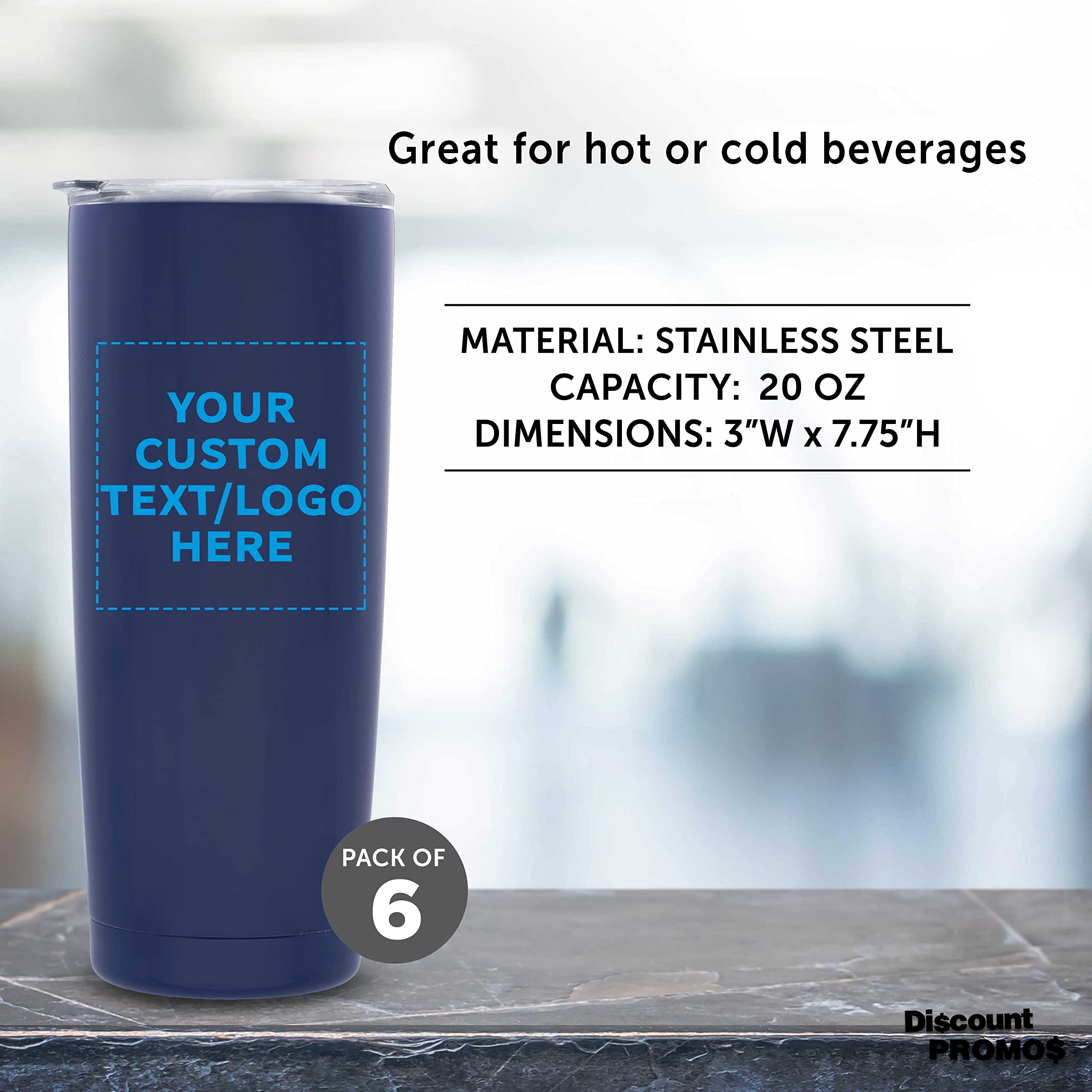 Custom Stainless Steel Coffee Tumblers 20 oz (Set of 6) - Double Wall Insulated Personalized Bulk Pack - Keeps Hot & Cold Beverages Perfect - Ideal for Coffee, Tea, Hot Cocoa - Great for Office, Travel, Camping, Gifts (Blue)