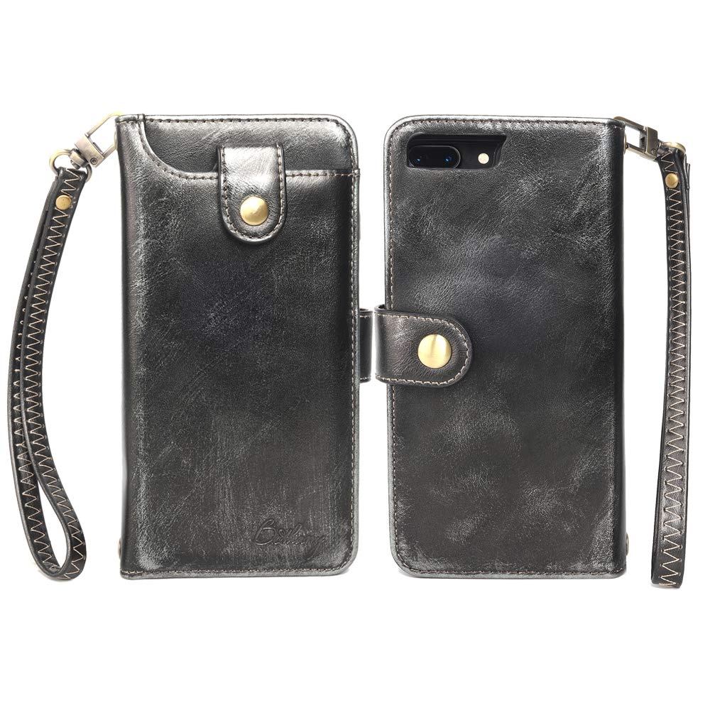 APOWUS Detachable Wallet Phone Case for iPhone 7/8 - Flip Cover with Adjustable Shoulder Strap, Small Messenger Pouch Bag for Women & Men (Retro Black) | Perfect for Travel, Shopping & Everyday Use