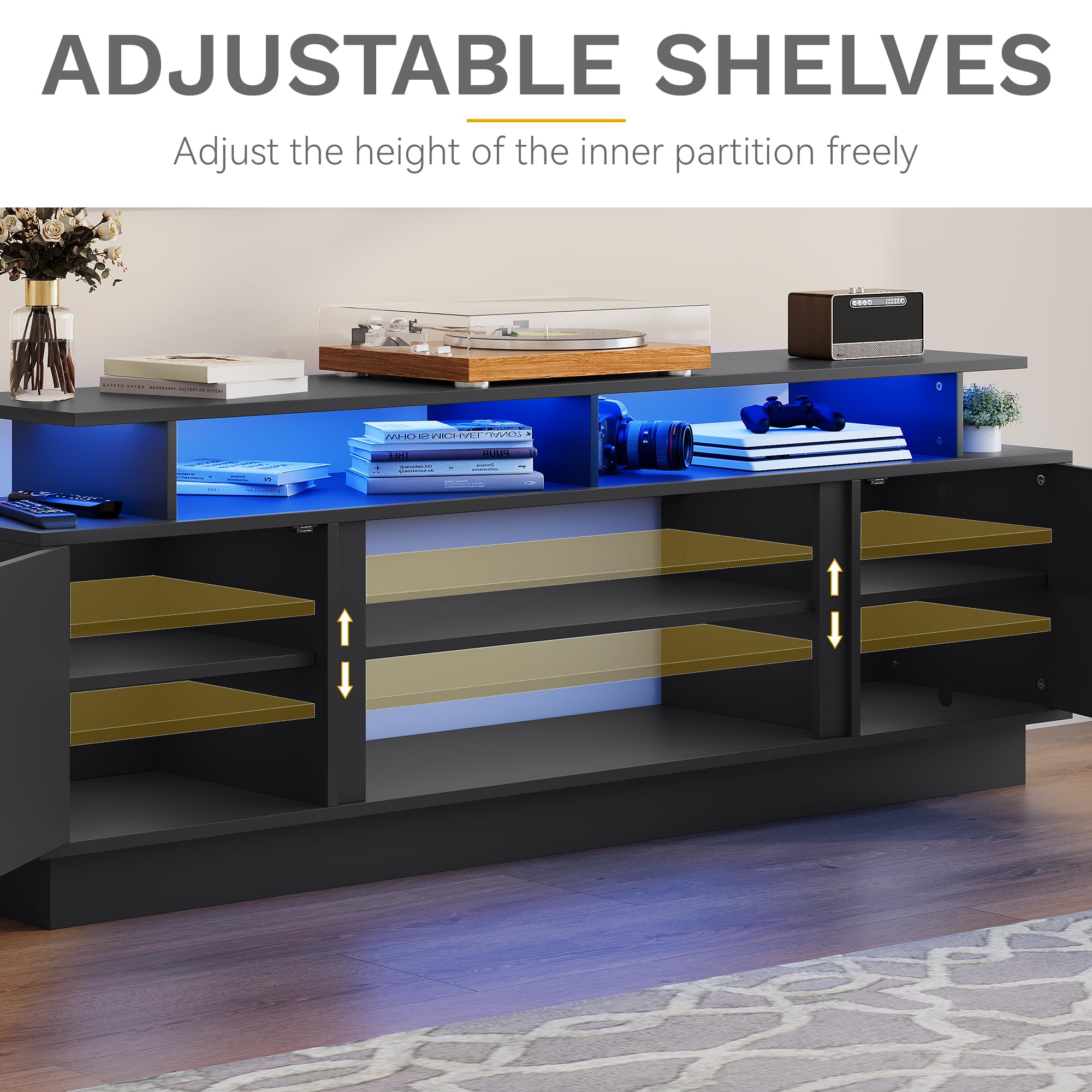 Modern TV Stand for 80 Inch TVs - Entertainment Center with LED Lights & Movable Shelves, Storage TV Console for Living Room - Perfect for Home Theater Setup & Family Movie Nights (Black)