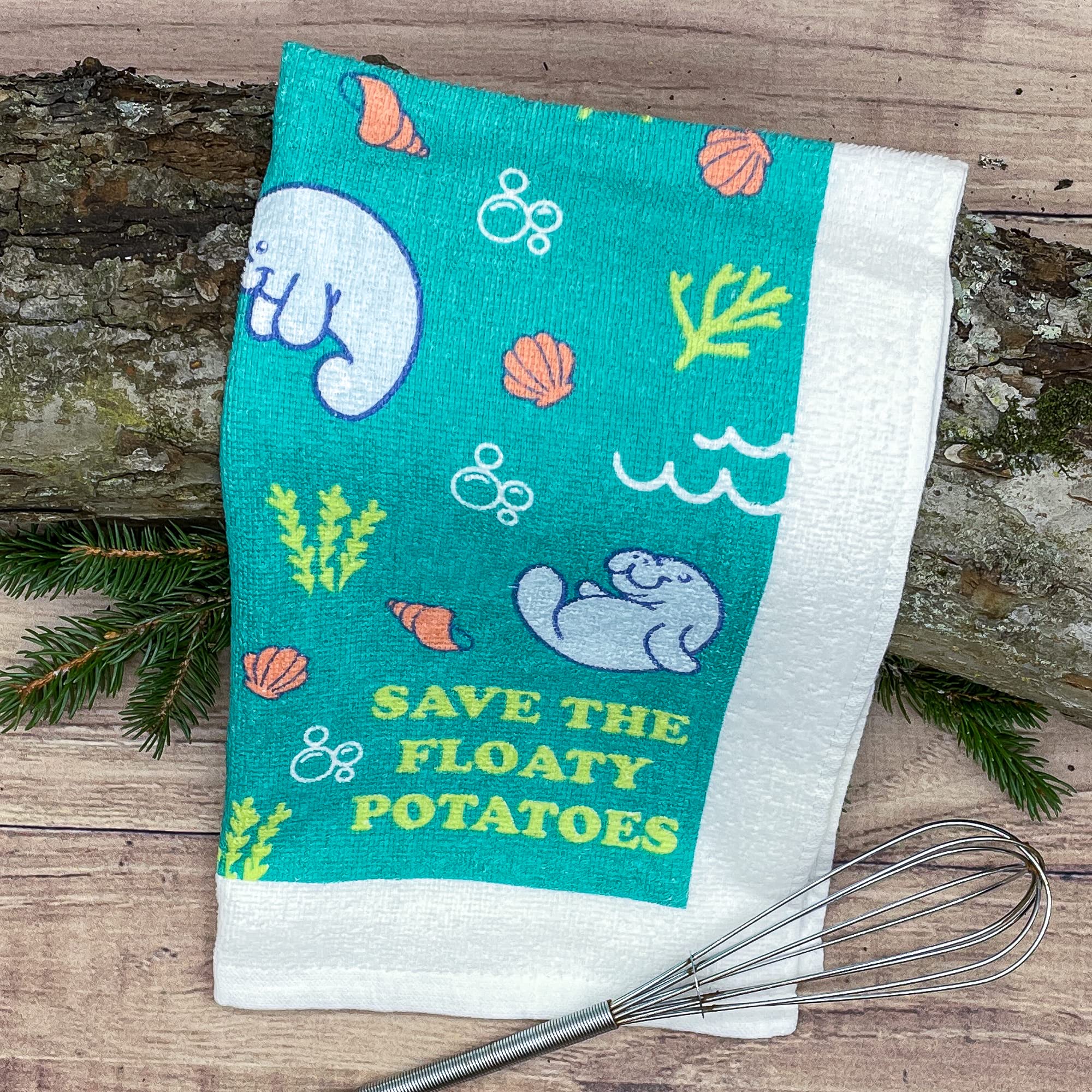 Save The Floaty Potatoes Funny Manatee Lovers Tea Towel - Crazy Dog T-Shirts - Cute Kitchen Towel for Manatee Conservation Supporters, Perfect for Cooking, Baking & Home Decor
