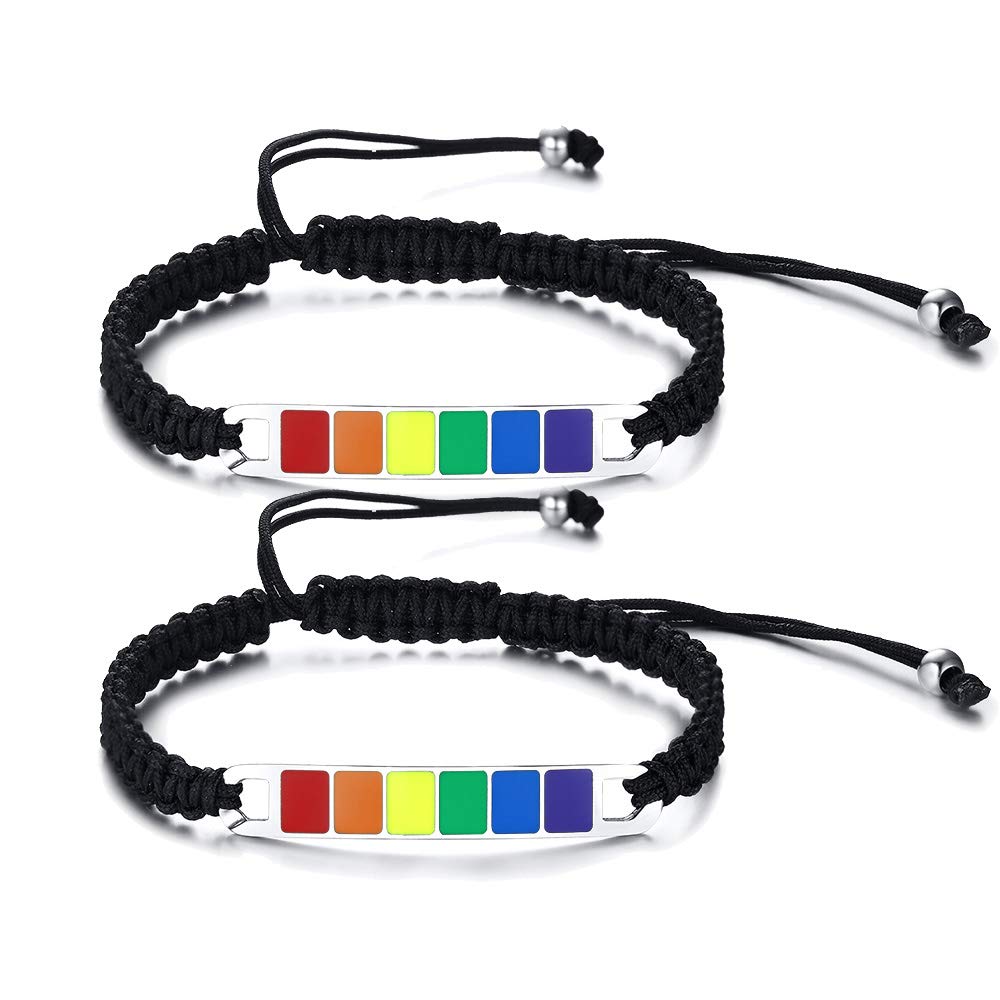 Personalized Rainbow ID Plate & Braided Rope Bracelet Set - LGBT Pride Jewelry for Gay Couples - Handmade LGBTQ+ Accessories for Pride Month, Anniversary Gifts & Everyday Wear