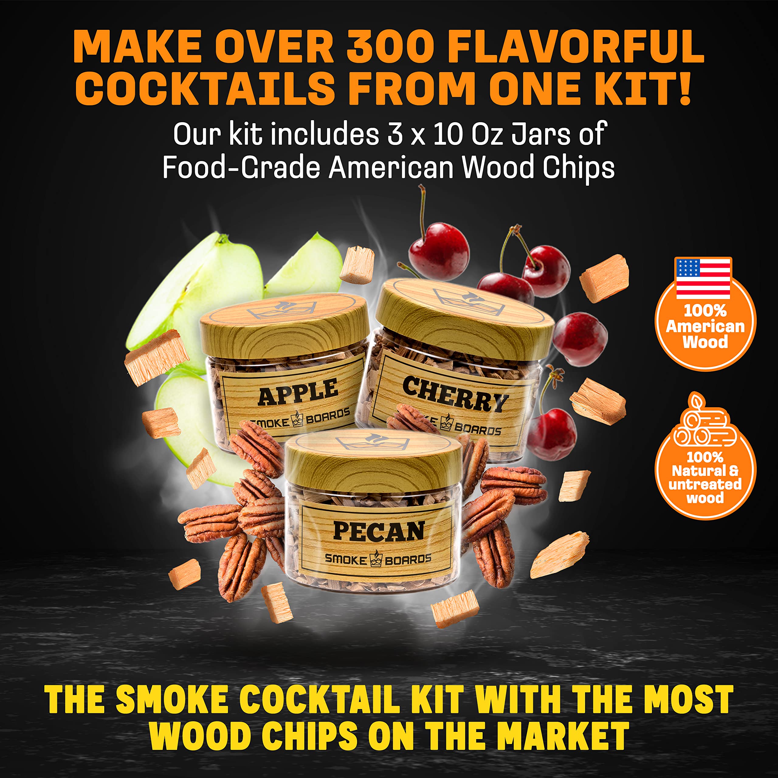 Premium Cocktail Smoker Kit with Torch - 7 Piece Old Fashioned Whiskey & Bourbon Smoking Set with Carrying Case, Handcrafted White Oak Board & 3 Wood Chips - Perfect for Home Bars, Cocktail Parties & Gift Giving