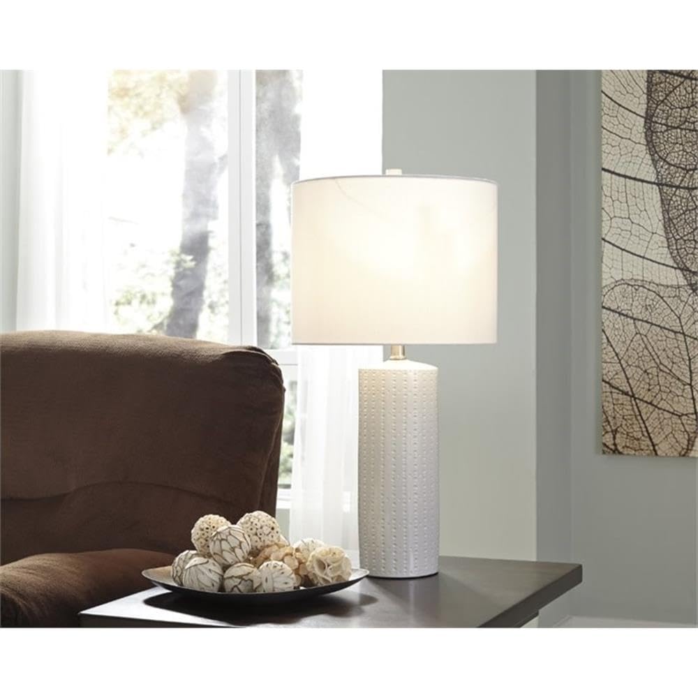 BOWERY HILL Modern Ceramic Table Lamp Set of 2 - White Drum Shade Textured Finish for Living Room, Bedroom & Office Lighting Decor