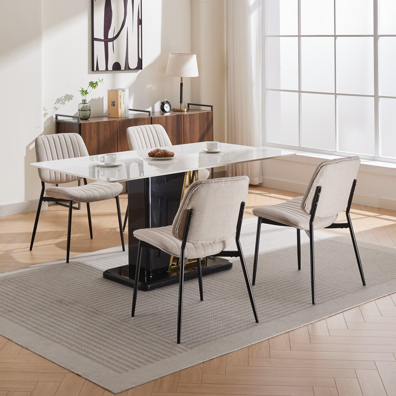 Mid-Century Modern Dining Chairs Set of 2 - Upholstered Retro Linen Chairs with Walnut Bentwood Back & Metal Legs, Adjustable Feet for Kitchen, Dining Room - Beige Vertical Stripes (Perfect for Small Spaces & Contemporary Home Decor)