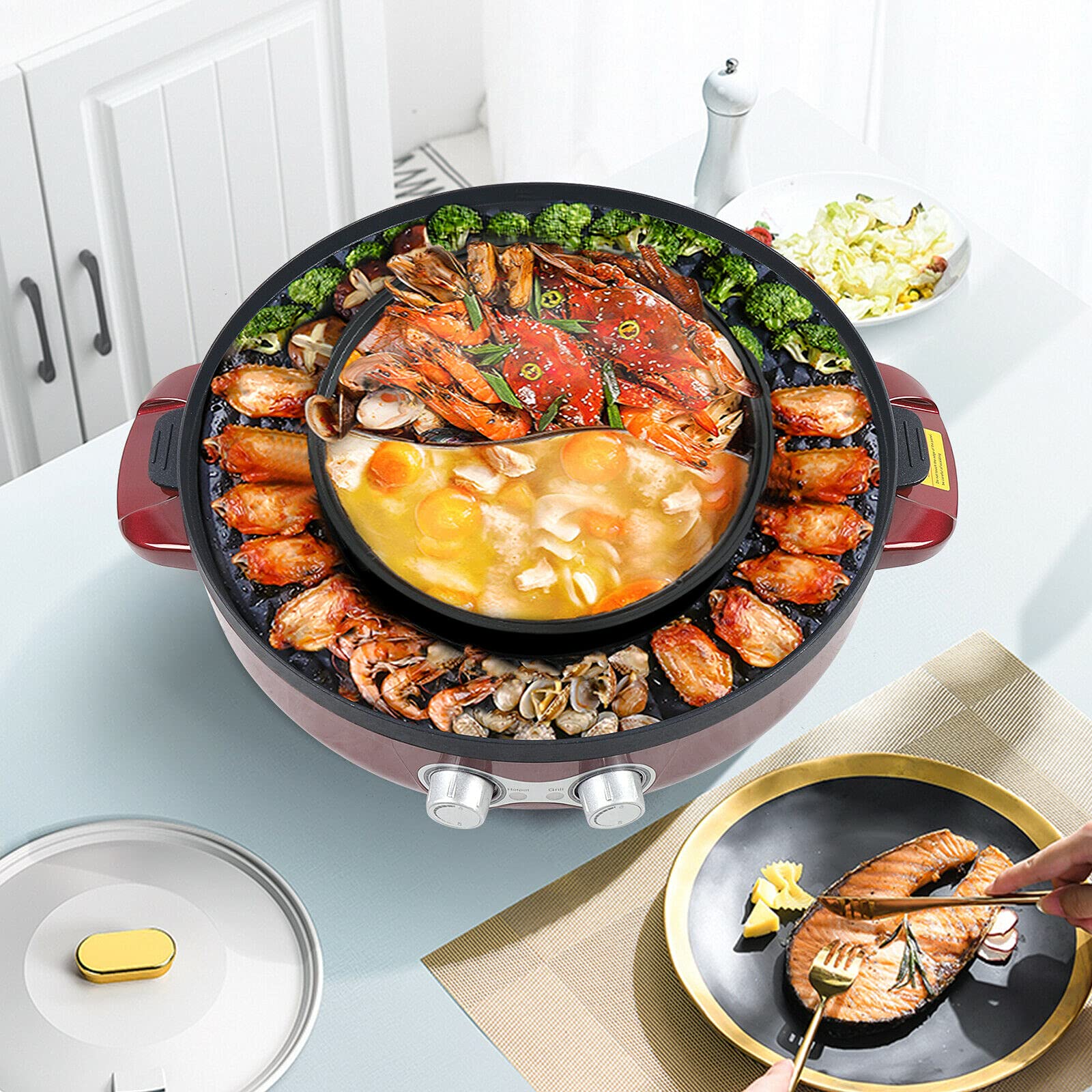 2 in 1 Electric Hot Pot & Grill - 2200W Smokeless Indoor BBQ Grill with Split-Design for Easy Cleaning, 110V Shabu Shabu Pot for Hot Pot, Soup & Korean BBQ - Perfect for Family Gatherings, Dorm Cooking & Camping Meals