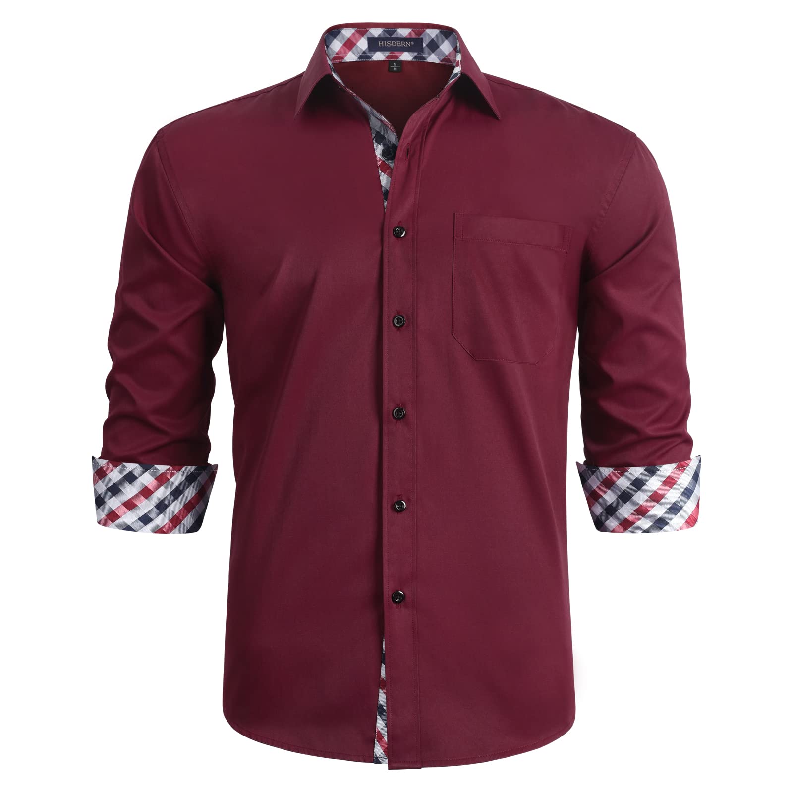 HISDERN Men's Contrast Inner Casual Shirt - Classic Button Down Dress Shirt with Long Sleeve & Printed Design - Regular Fit for Office, Party & Daily Wear