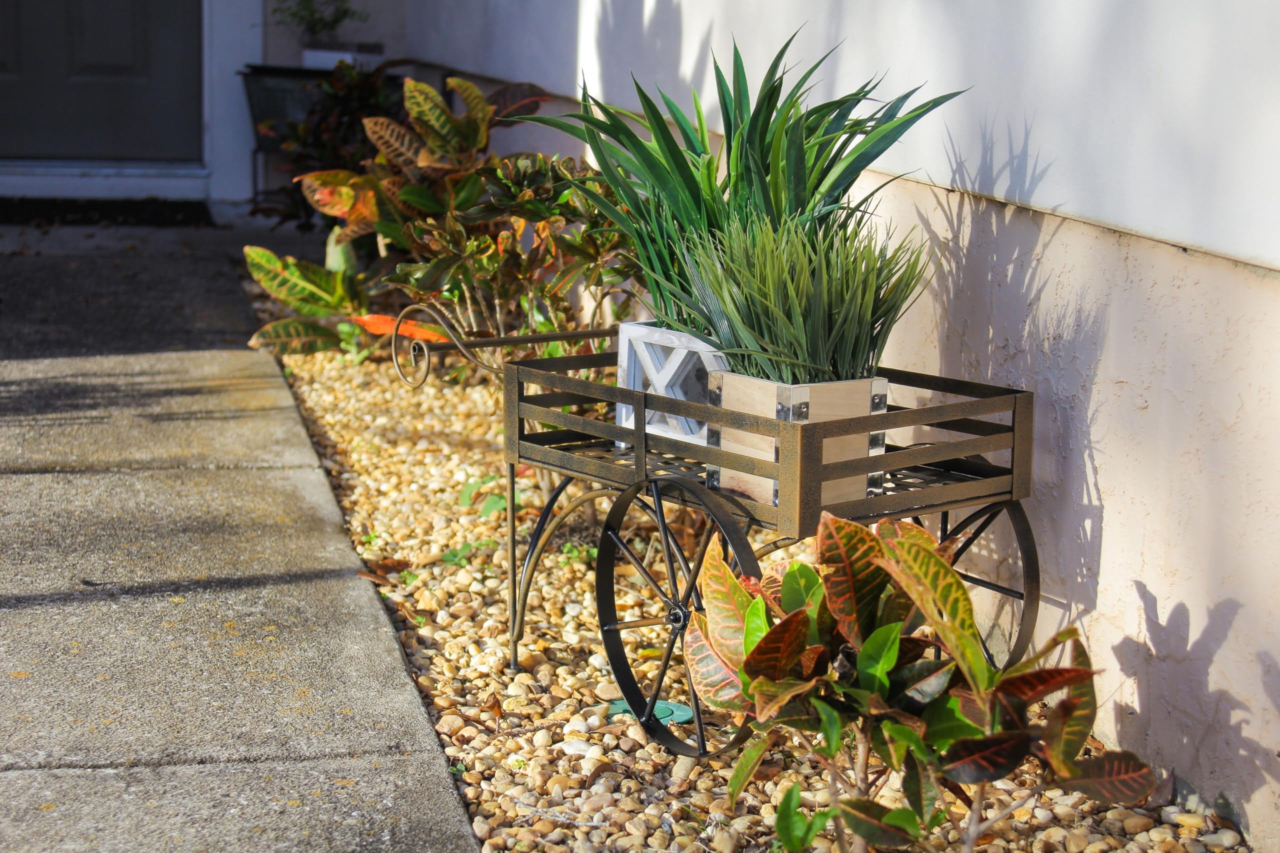 Rustic Brown Metal Wagon Cart Plant Stand - Indoor Outdoor Flower Pot Holder - Garden Decor for Patio, Balcony & Home - Perfect for Succulents, Herbs & Decorative Plants