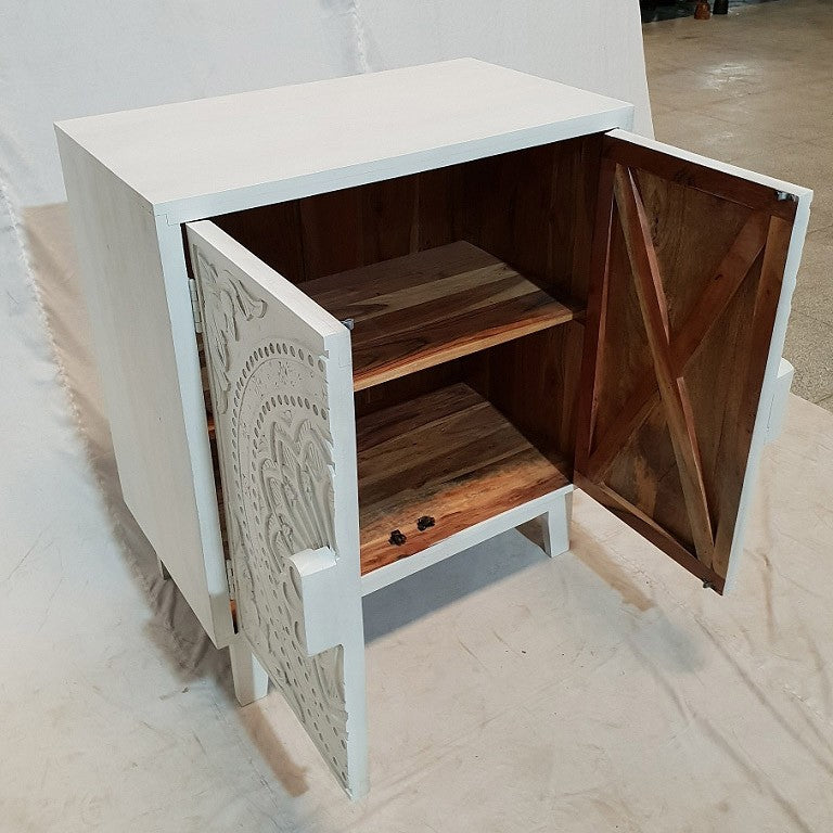 French Hand Carved Buffet Cabinet Sideboard - White Distressed Finish, 81x46x92cm - Vintage Dining Room Storage & Kitchen Buffet for Entertaining