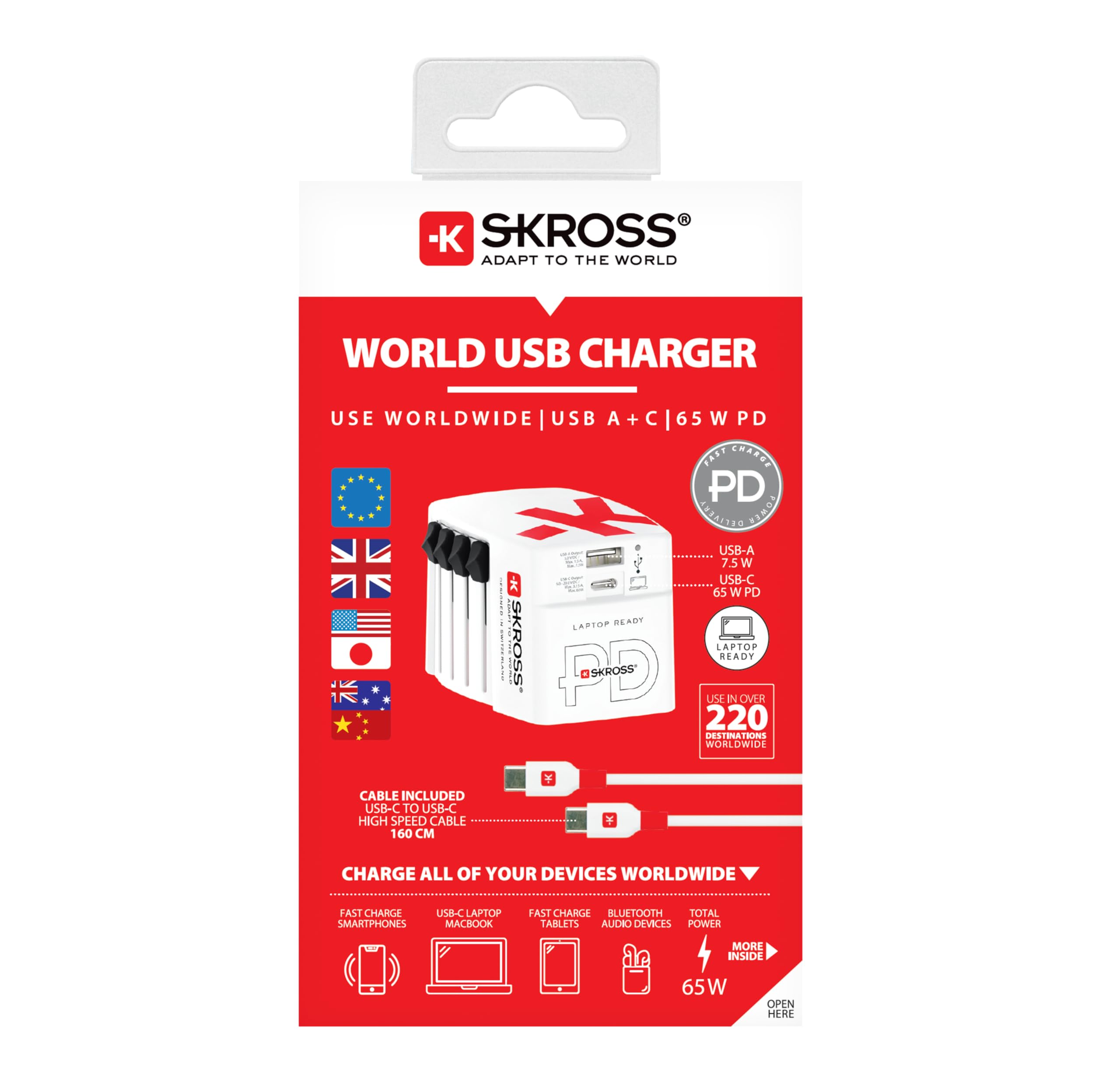 Skross 1302333 World AC65PD Travel Charger - Universal USB-C & USB-A Fast Charging Adapter for iPhone, Samsung, Laptop - Perfect for International Business Trips & Vacations