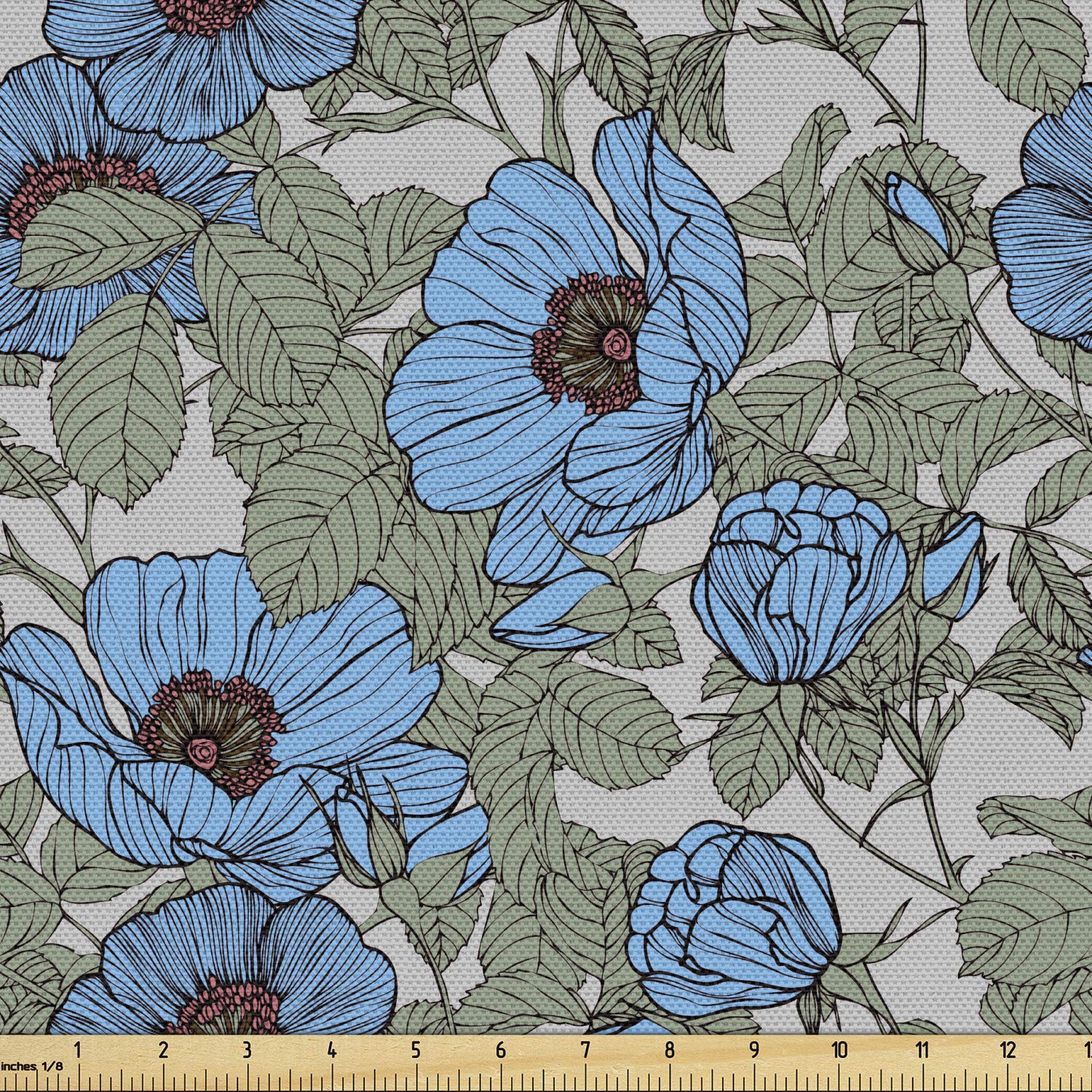 Lunarable Floral Fabric by The Yard - Dog Rose Garden Print Upholstery Fabric for Sofa, Curtains, Pillows - Sage Green Blue Pearl Home Decor Fabric - Perfect for DIY Sewing, Craft Projects & Home Accents
