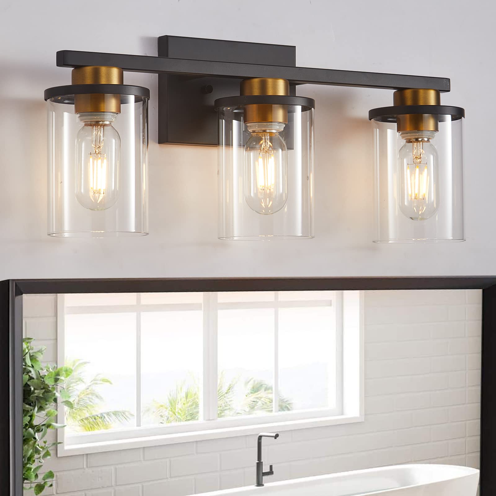 Stambord 3-Light Bathroom Vanity Light Fixture - Black & Gold Modern Bathroom Lighting with Clear Glass Shade & Matte Black Metal Base - Brushed Gold Vanity Lights for Bathroom, Living Room, Bedroom - Perfect for Makeup Area, Dressing Room & Home Decor