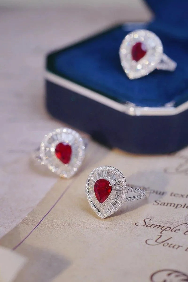 18K White Gold Natural Ruby and Diamond Ring for Women - Luxury Water Drop Design Jewelry for Senior Banquets, Weddings & Special Occasions