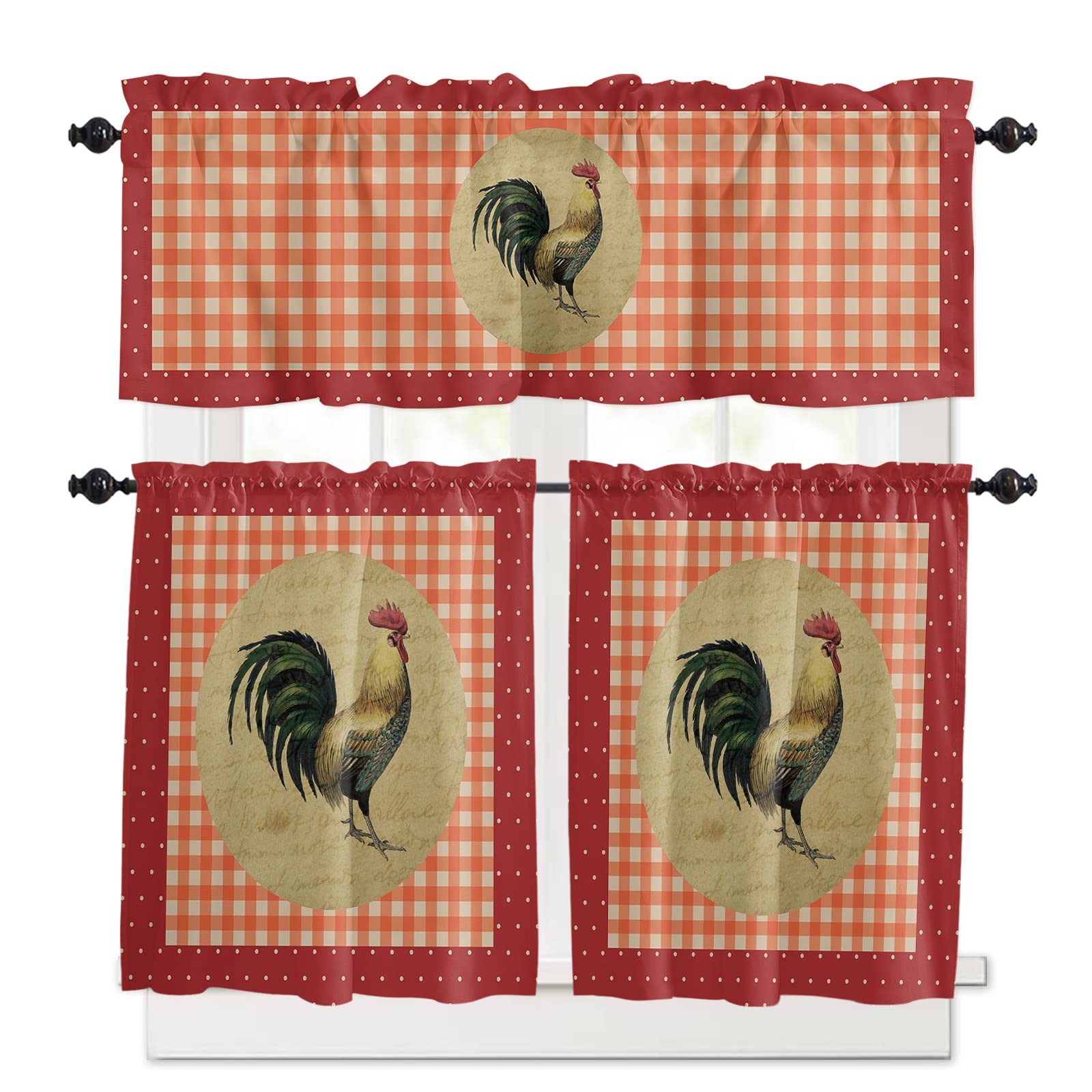 Vintage Farm Rooster Red Polka Dots Plaid Kitchen Curtain Set - 3 Piece Rod Pocket Tier & Valance for Small Windows | Perfect for Half Cafe Windows, Bedroom & Bathroom Decor | Country Farmhouse Kitchen Decor, Window Treatments for Cozy Home Style