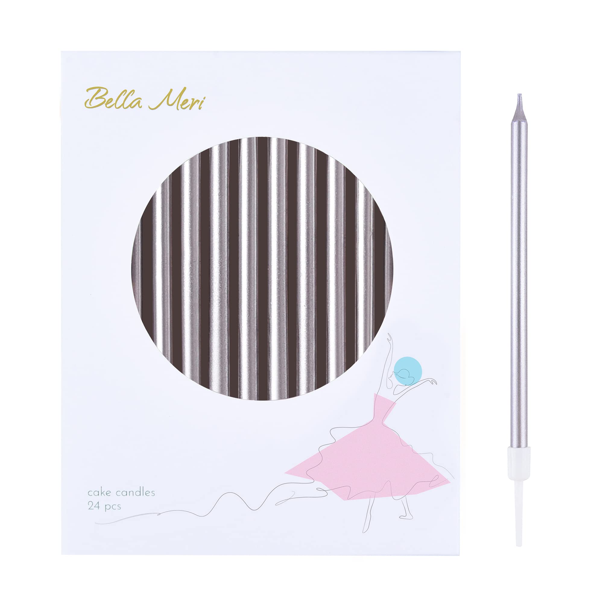 Bella Meri Silver Long Thin Metallic Birthday Candles - Elegant Cake Candles for Birthday Parties, Wedding Decorations & Special Events | Perfect for Cakes, Cupcakes & Dessert Tables