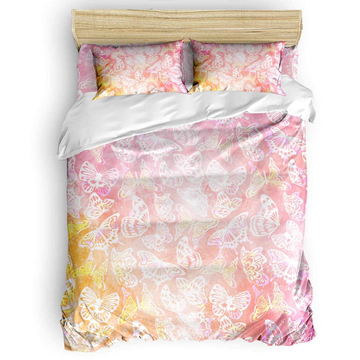 King Size Cute Butterfly Duvet Cover Set for Kids & Adults - Pink Hand-Painted Floral Bedding Set with 1 Comforter Cover, 1 Flat Sheet & 2 Pillowcases | Perfect for Girls' Rooms, Boys' Bedrooms & Guest Bedrooms