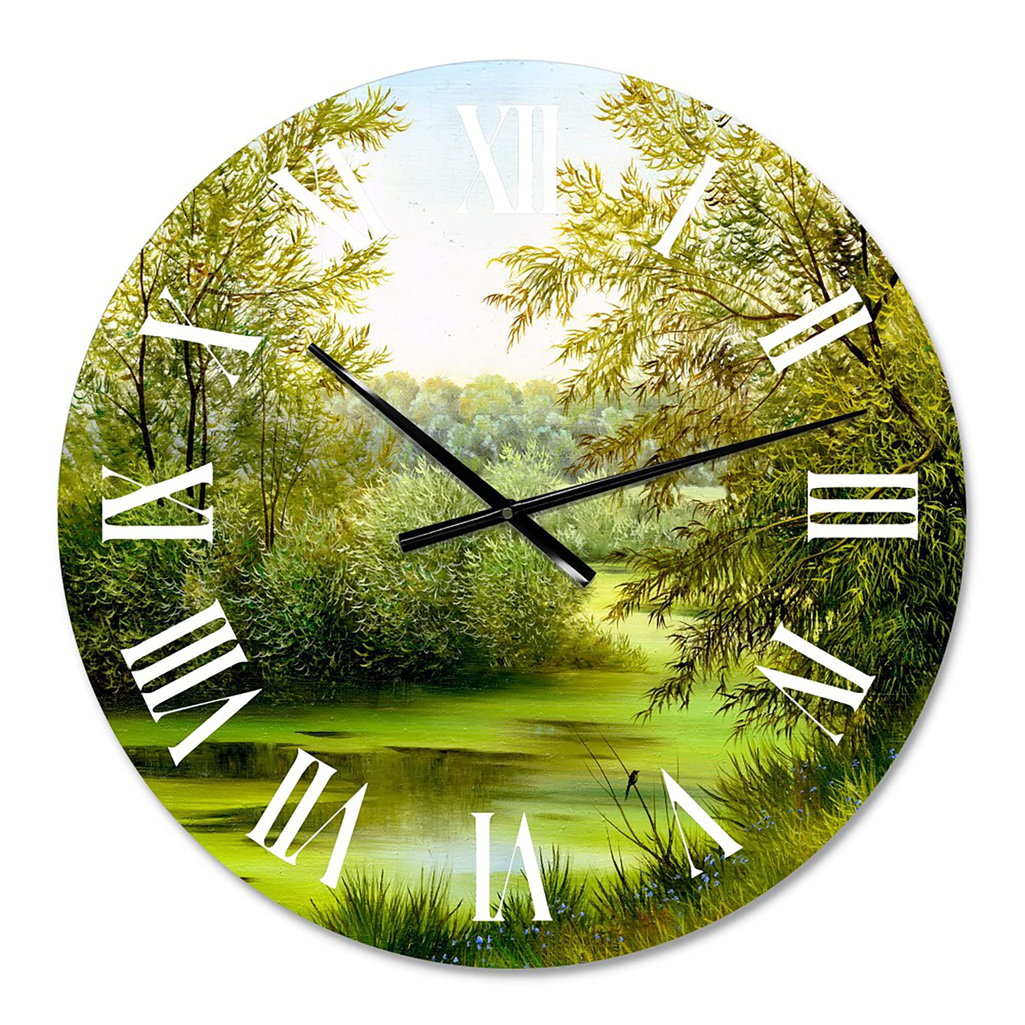 DesignQ Large Country Wall Clock - 'Green Pond with Spring Trees' Landscape Nature Decor for Living Room, Kitchen, Office | Silent Non-Ticking Modern Farmhouse Clock