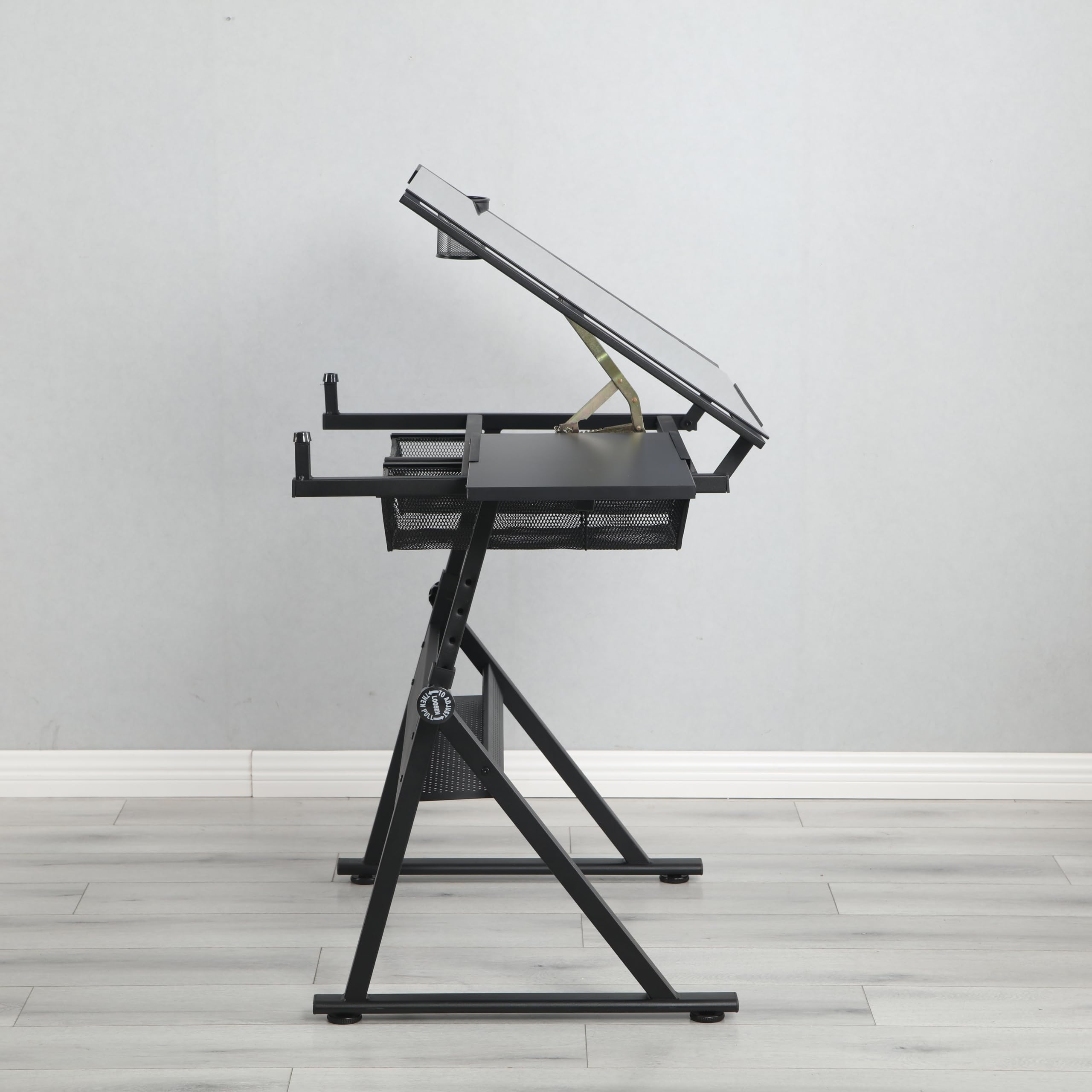 LOPOO Adjustable Height Drafting Table with Tempered Glass Top - 0-75° Tiltable Artist Drawing Desk & Chair Set, Black Glass - Perfect for Artists, Architects & Designers Studio Workspace