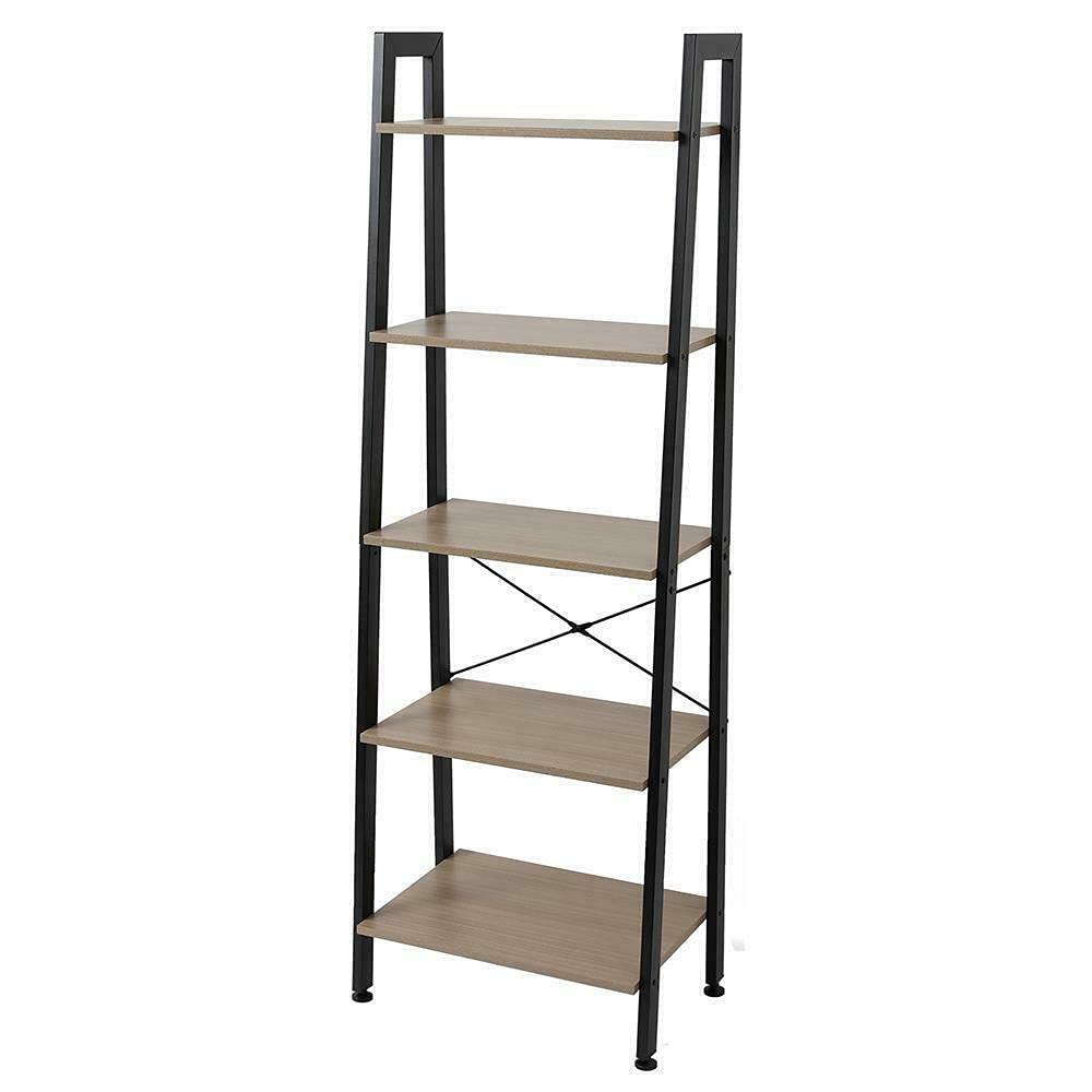 5-Tier Industrial Ladder Shelf - Sturdy Metal Bookshelf for Home & Office Storage, Space-Saving Organizer Rack in Gray - Perfect for Living Room Decor, Bedroom Organization, and Office Supplies Storage