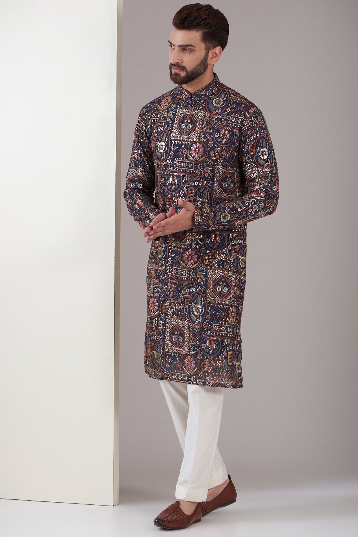 Stylish Navy Blue Embroidered Kurta for Men - Traditional Indian Tunic for Festivals, Weddings & Casual Wear