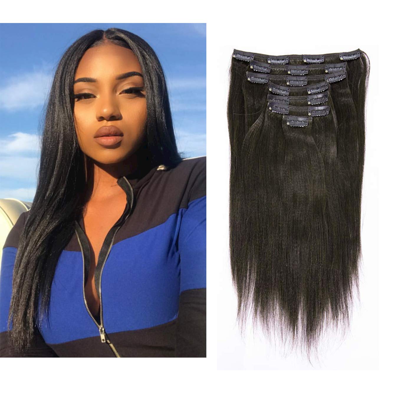 Anrosa Yaki Clip-In Hair Extensions 14 Inch 120g - Human Hair Yaki Straight Clip Ins for African American, Natural Black 1B, Adds Thick Volume - Perfect for Daily Styling, Special Occasions & Protective Hairstyles