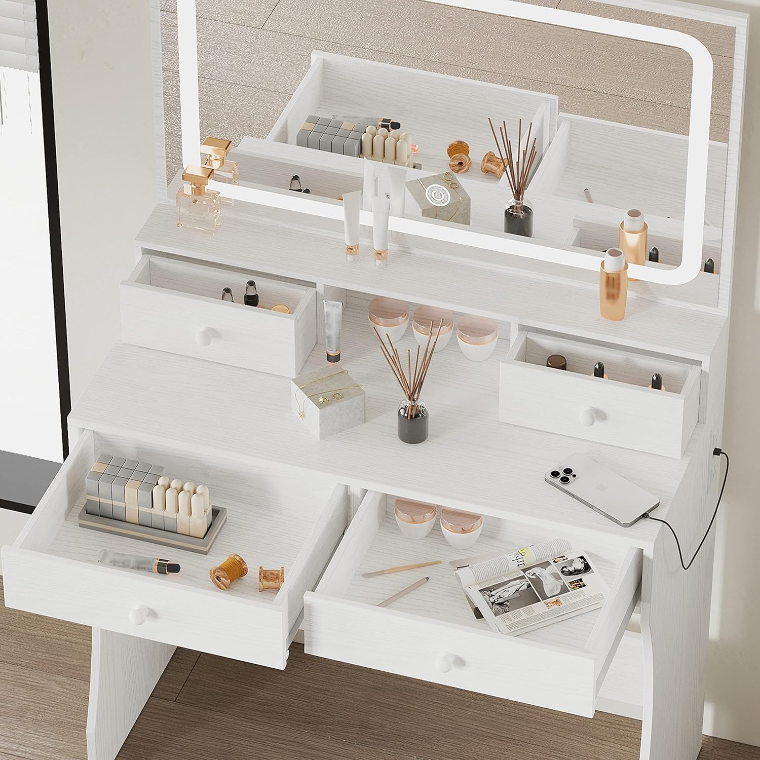 IRONCK White Vanity Desk with LED Lighted Mirror & Power Outlet - Makeup Dressing Table with 4 Drawers & Storage Bench - Perfect for Bedroom, Home Decor & Beauty Routine