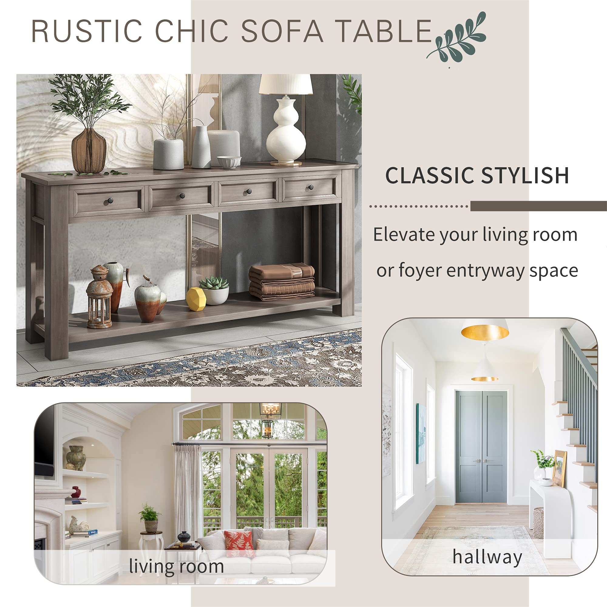 Polibi Rustic Console Table with 4 Storage Drawers & Open Shelf - Entryway Sofa Table for Living Room, Hallway & Foyer - Easy Assembly Farmhouse Style Furniture (Grey) - Perfect for Small Space Organization & Home Decor