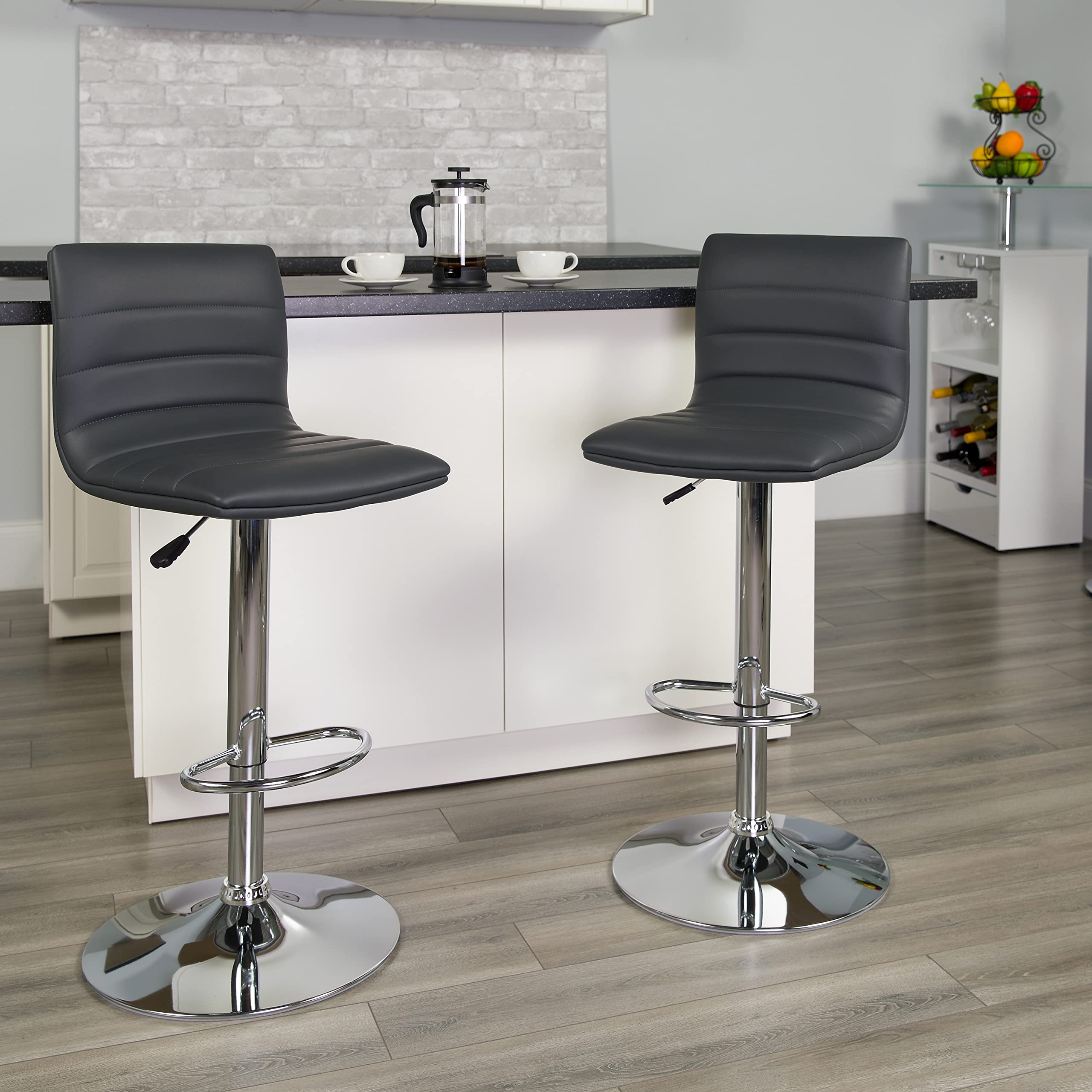 Flash Furniture Vincent 2-Pack Modern Gray Vinyl Adjustable Bar Stools with Back - Counter Height Swivel Stools with Chrome Pedestal Base - Perfect for Kitchen Islands, Home Bars & Game Rooms