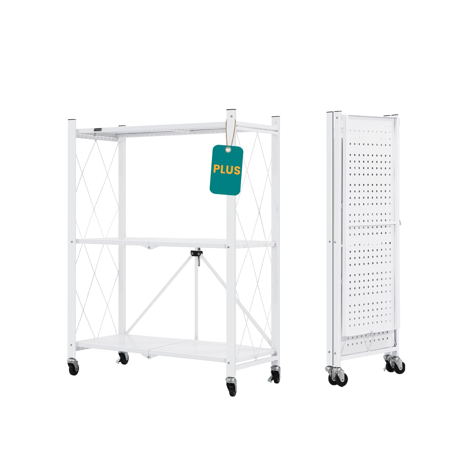 Foldable Metal Storage Shelves with Wheels - 3-Tier White Bookshelf for Kitchen, Office, Laundry & Garage - Easy Assembly Free Organizer for Home Storage & Space Saving