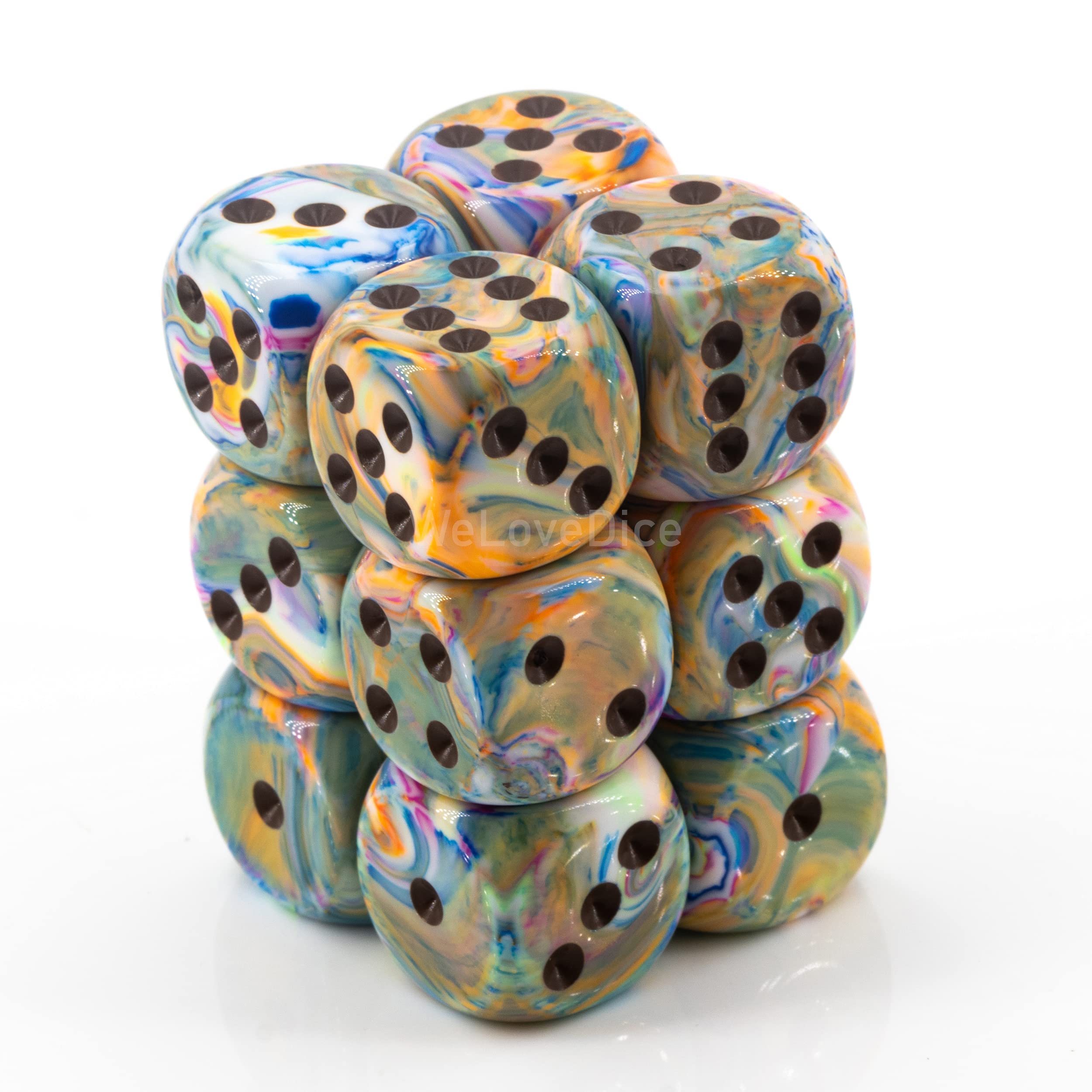 Festive Vibrant Swirl Chessex Dice d6 Sets with Brown Pips - 12mm Six Sided Gaming Dice (36-Piece Block) for D&D, RPGs, Board Games & Tabletop Adventures