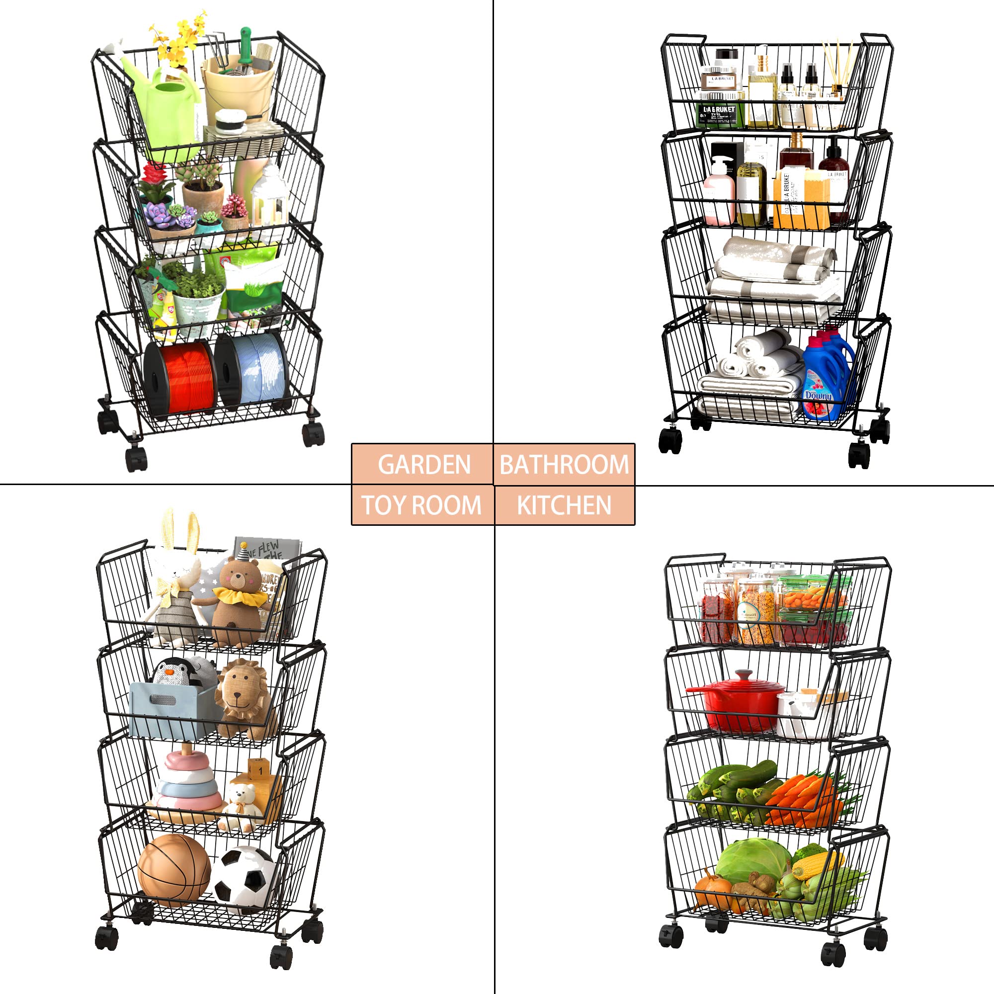 PUSDON 4-Tier Stackable Metal Storage Baskets - Rustproof Kitchen Organizer for Fruits, Vegetables, Pantry & Office Supplies - Space Saving Shelf for Home, Kitchen & Office Organization (Black)