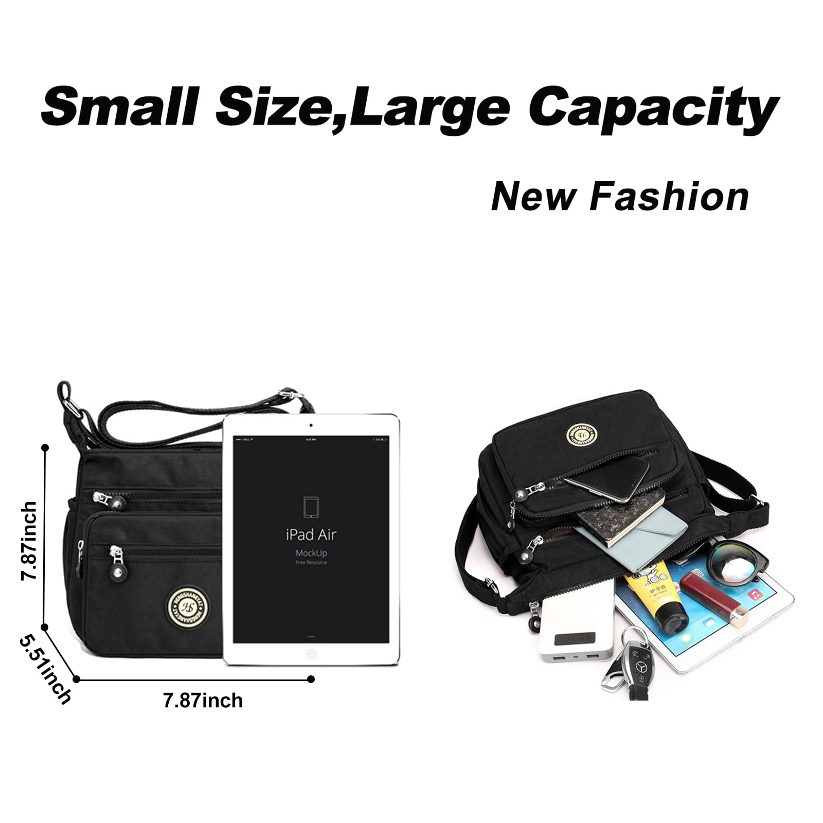 Waterproof Nylon Crossbody Bag for Women - Multi-Pocket Adjustable Strap Travel Messenger Purse (Black) | Perfect for Daily Commute, Shopping & Outdoor Adventures