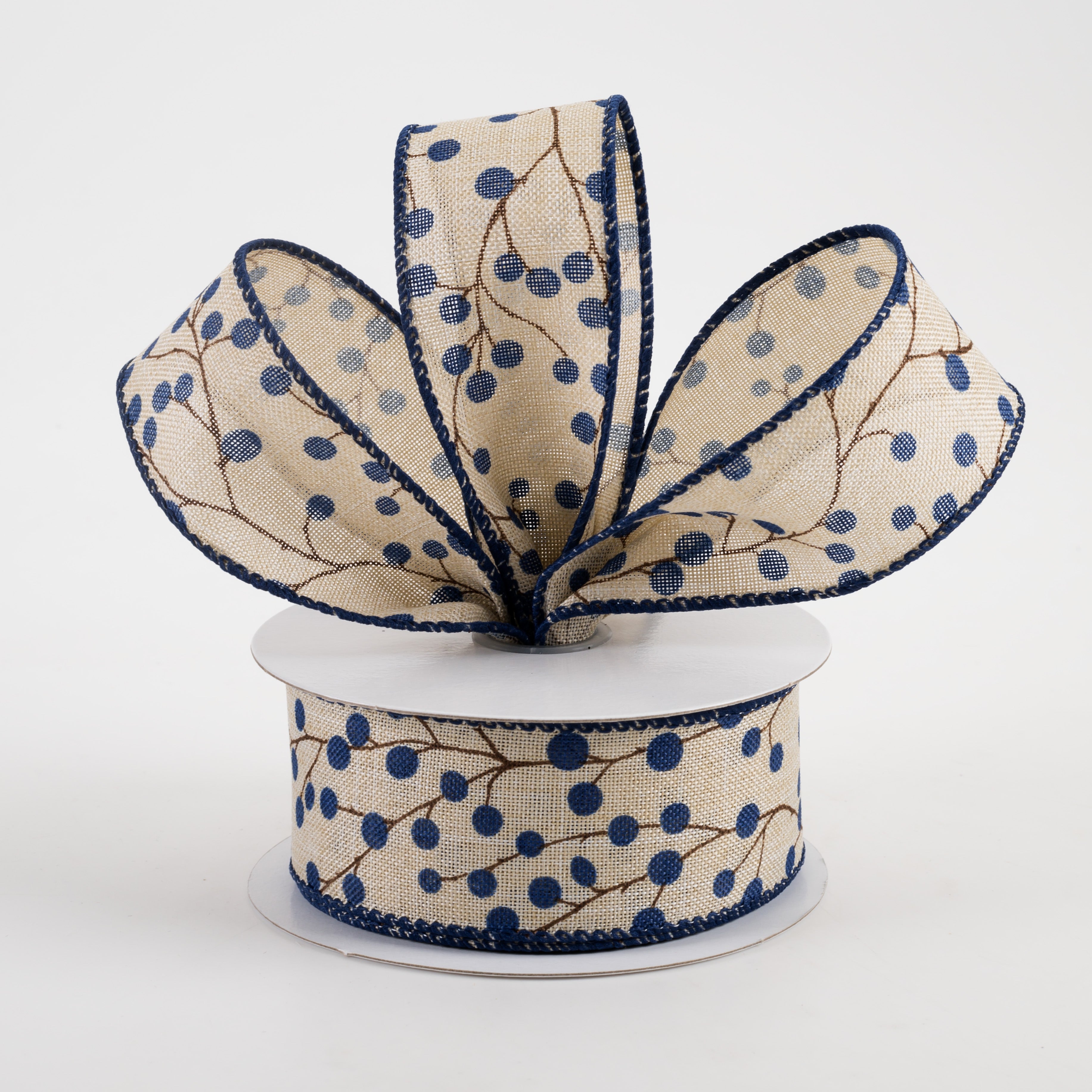 1.5 Inch Linen Blue Berries & Branches Ribbon - Natural Fabric Ribbon for DIY Crafts, Gift Wrapping, Wedding Decor (10 Yards) - Perfect for Scrapbooking, Hair Bows, and Home Decoration