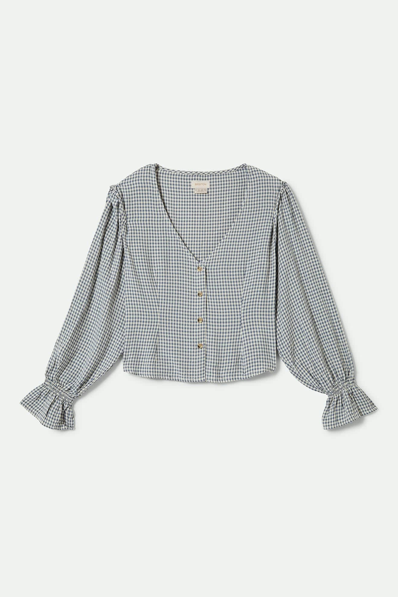 The Meadow Blouse - Azure Blue Gingham Women's Top | Floral Print Casual Shirt for Spring & Summer | Perfect for Office, Date Night & Outdoor Activities