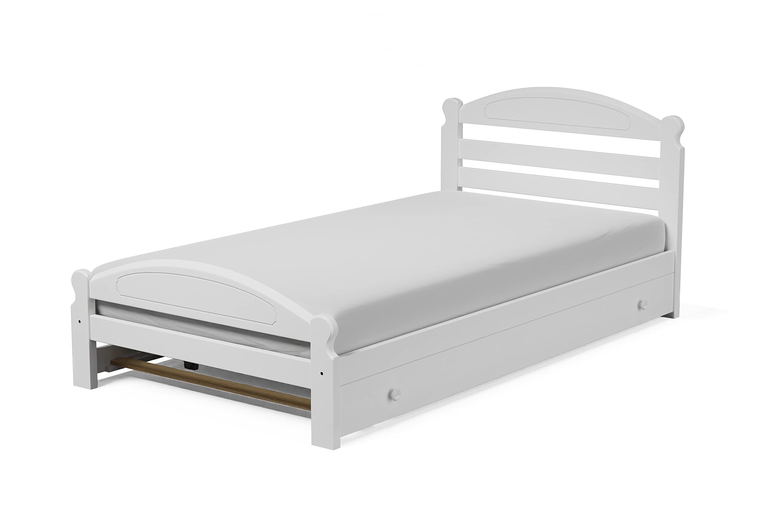 Twin Trundle Bed with Wooden Slats - Solid Pine Wood Frame, White Finish, 39