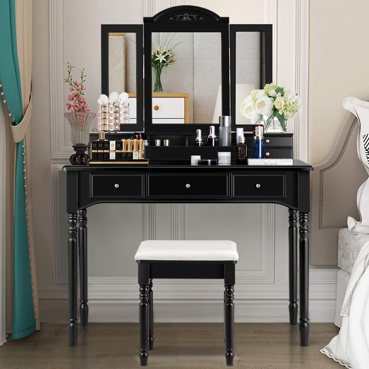 Byroce Vanity Table Set with Large Tri-Folding Mirrors, Makeup Dressing Table with 7 Drawers, 6 Desktop Organizers & 8 Necklace Hooks - Includes Cushioned Stool & Removable Top in White, Black or Brown (BC-HW66046) - Perfect for Bedroom, Dressing Room & Beauty Salon Organization