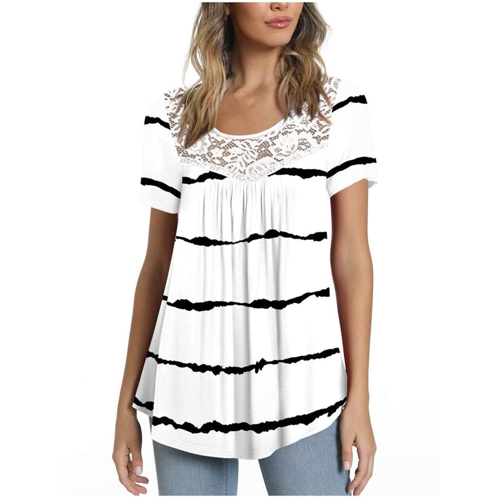 Women's Flowy Lace Short Sleeve Tops - Loose Fitting Summer Tunic T-Shirts with Color Block Graphic Design | Casual Wear, Beach Outfits, Vacation Essentials