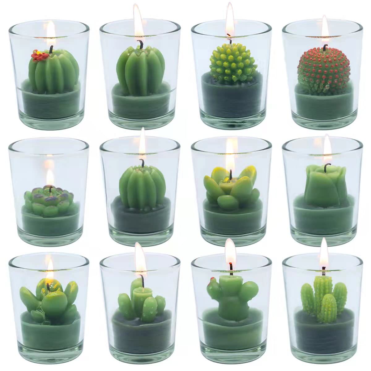 DEYIR 12Pcs Green Succulent Cactus Tealight Candles in Clear Glass Jar - Decorative Votive Candles for Home, Wedding, Baby Shower & Housewarming Gifts | Perfect for Table Centerpieces, Romantic Ambiance & Holiday Decorations