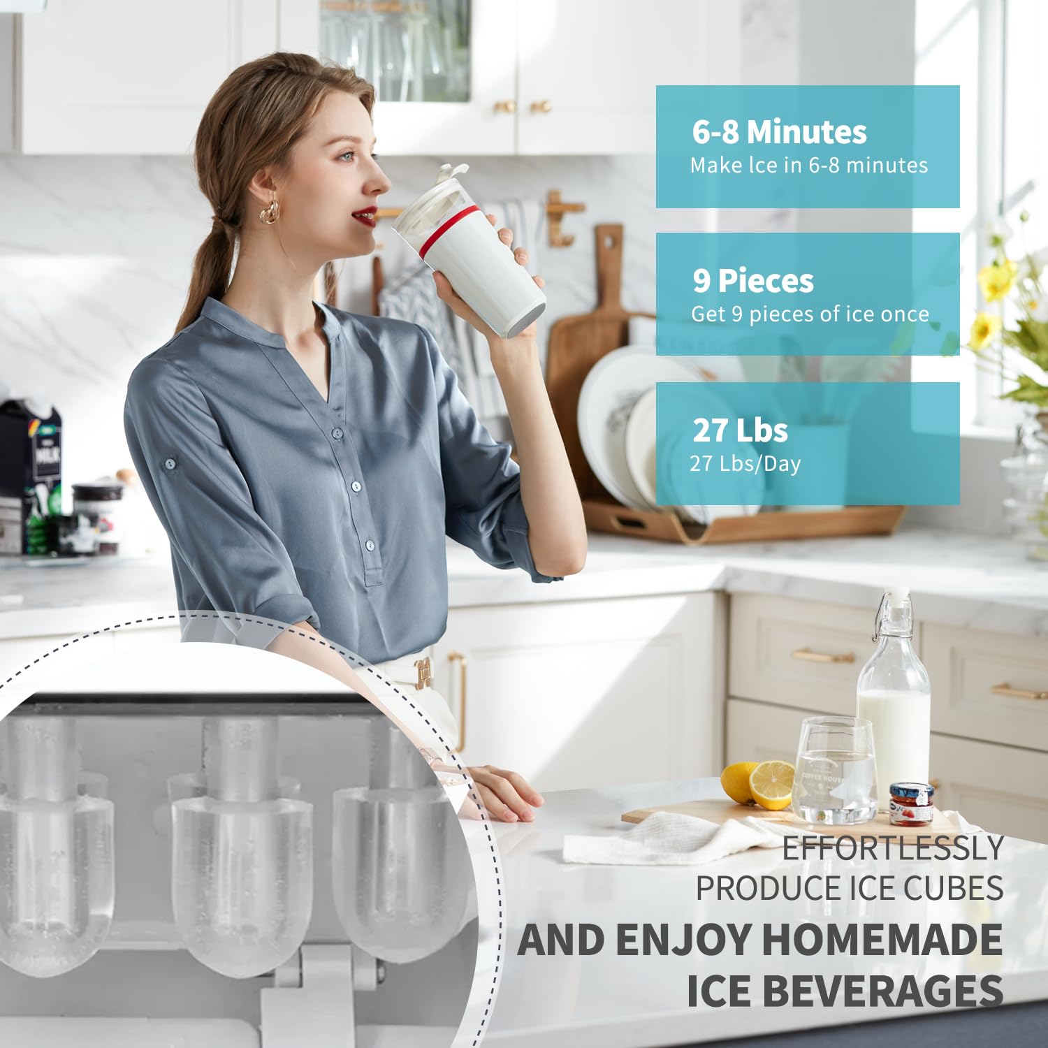 VECYS 27LBS Daily Ice Maker Water Dispenser Cooler with Hot & Cold Water, Child Safety Lock, Compatible with 3/5 Gallon Bottles - Perfect for Home, Office, Kitchen & Parties