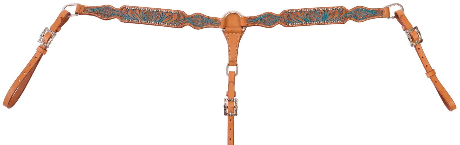 Hand-Tooled Buffalo Leather Western Breast Collar with Turquoise Accents - Light Oil Finish for Horses | Durable Equestrian Gear for Trail Riding & Rodeo Events