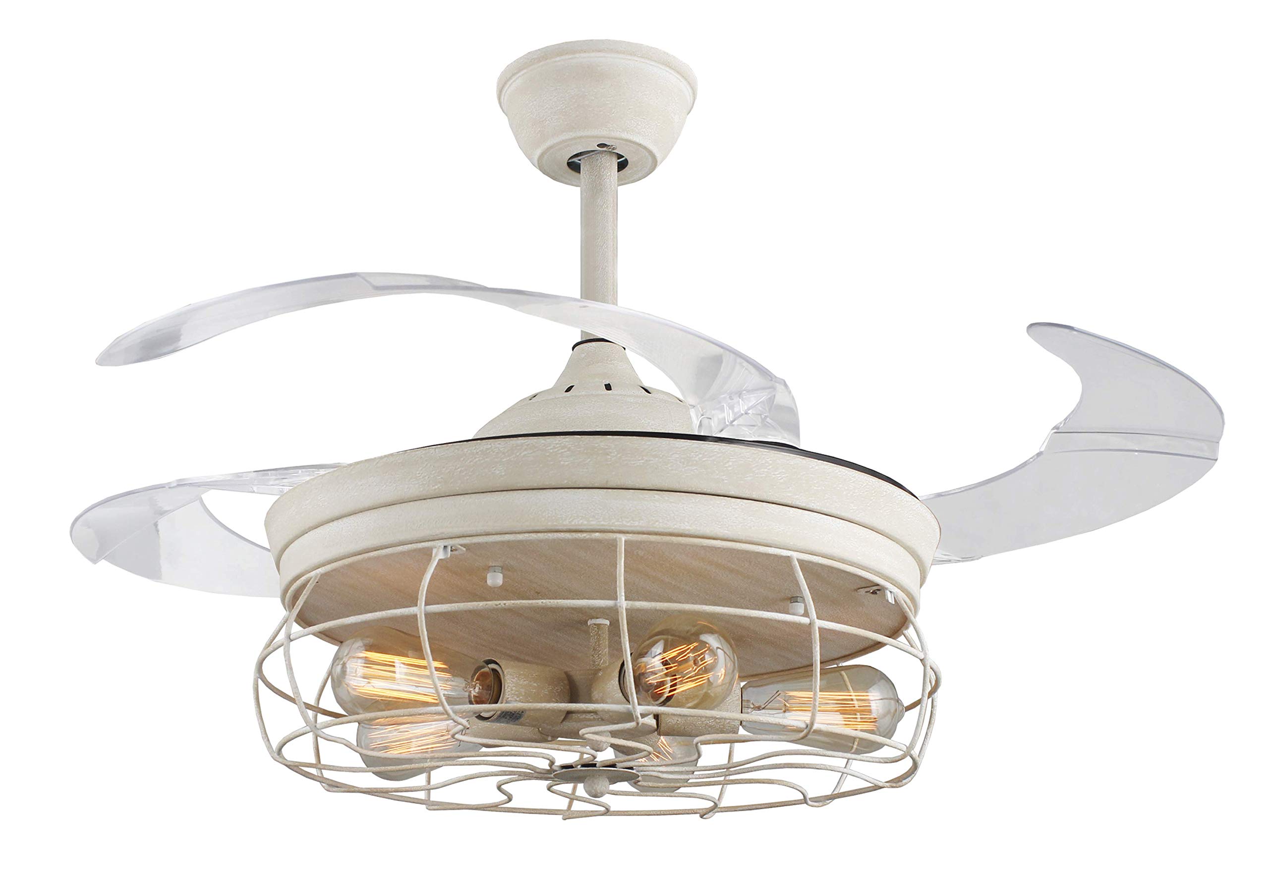 42'' Retractable Blade Ceiling Fan with Remote Control - Farmhouse Industrial Style, 5 Edison Bulbs, Antique White - Perfect for Living Room, Bedroom & Outdoor Patio
