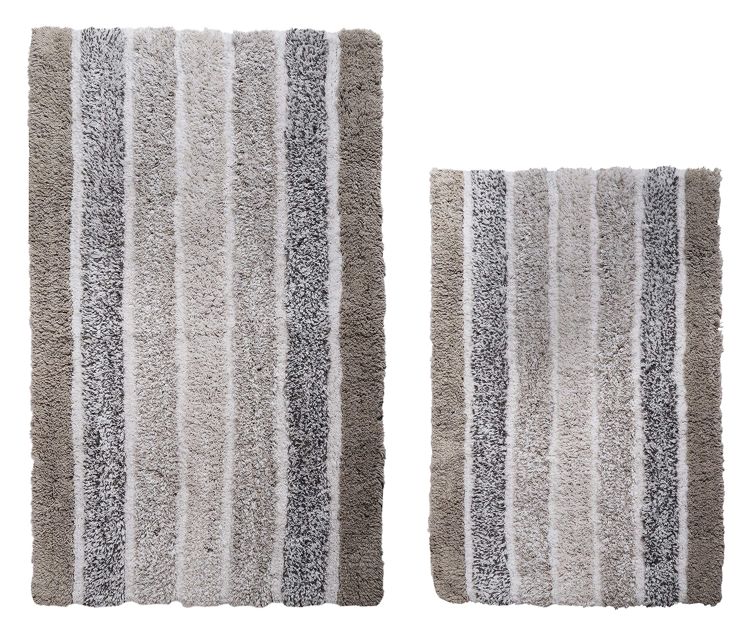 Non-Slip Bathroom Rugs Set of 2 - Light Grey Cotton Bath Mats with Alpine Stripe Design | Quick-Dry Absorbent Bathroom Floor Mats for Tub, Shower & Spa | Perfect for Bathroom, Living Room & Entryway (21