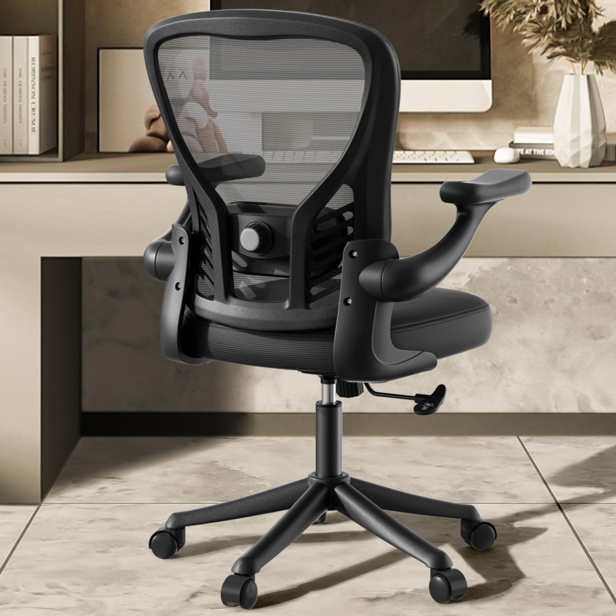 Ergonomic Mesh Office Chair with Wheels - Adjustable Lumbar Support & Flip-Up Arms, Swivel Computer Desk Chair for Home & Office Use - Comfortable Black Task Chair for Long Working Hours
